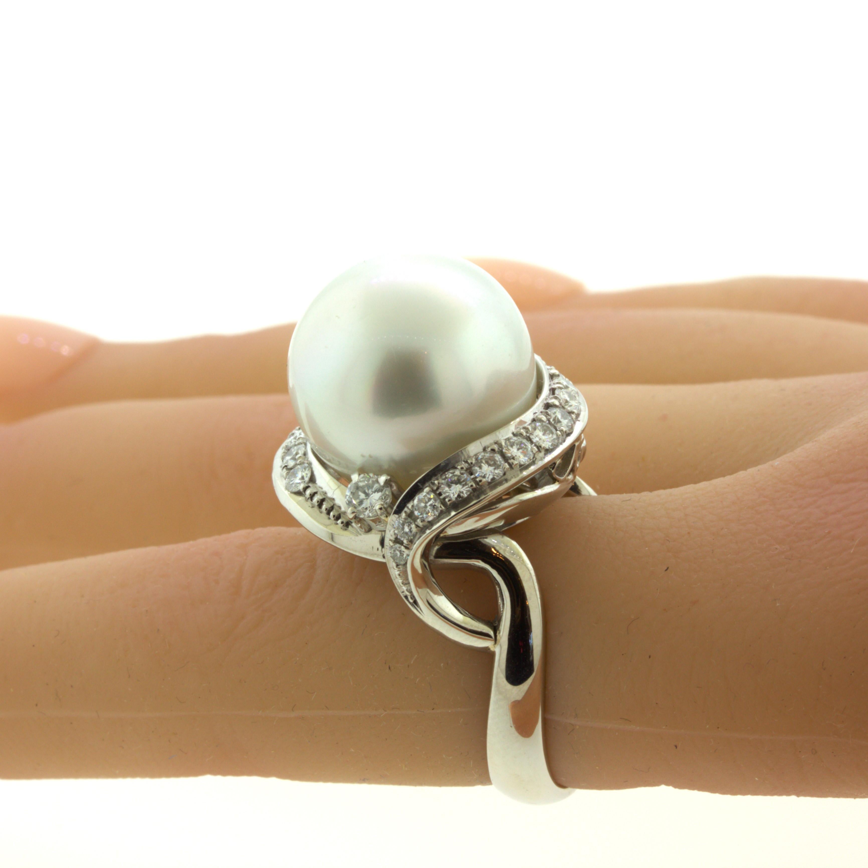 16MM South Sea Pearl Diamond Platinum Cocktail Ring For Sale 3