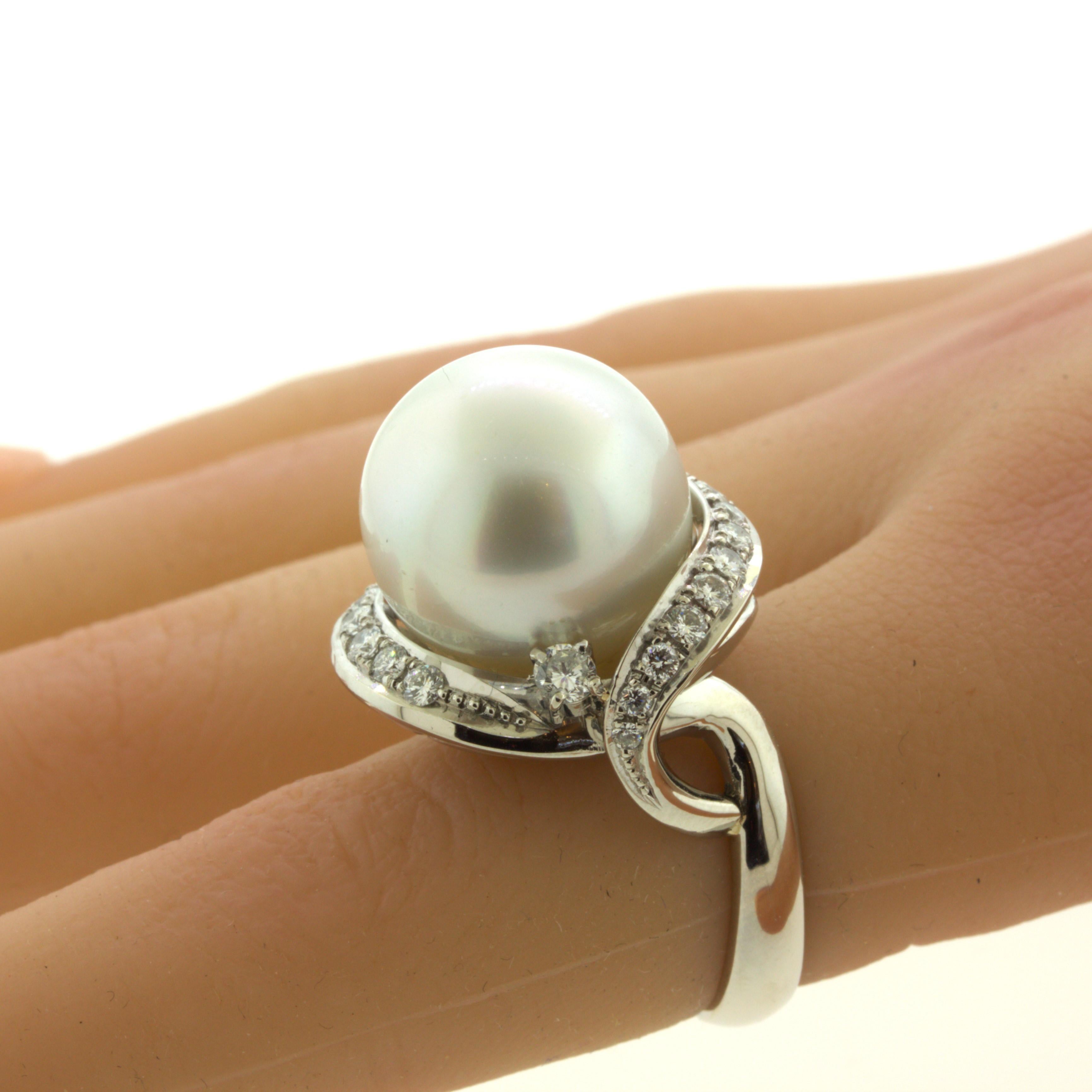 16MM South Sea Pearl Diamond Platinum Cocktail Ring For Sale 4