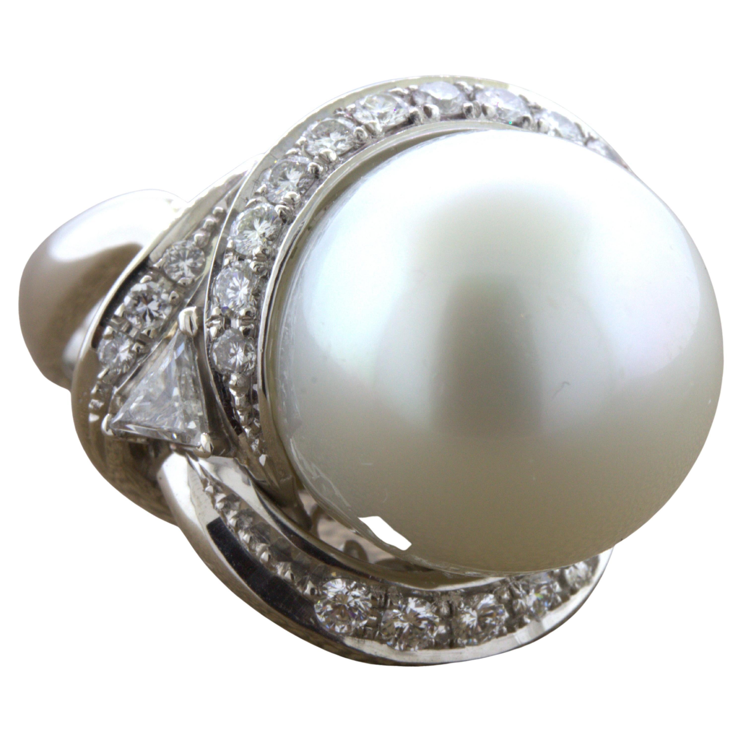 16MM South Sea Pearl Diamond Platinum Cocktail Ring For Sale
