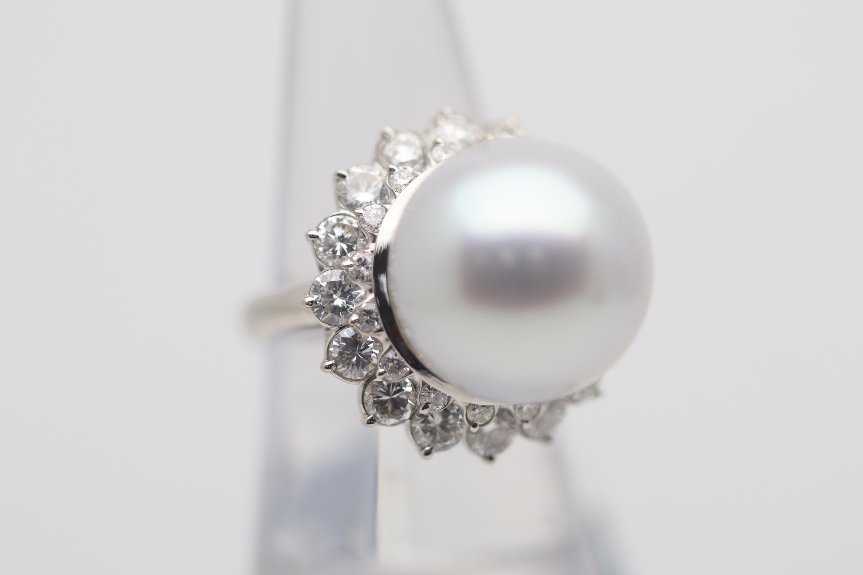 Cabochon South Sea Pearl Diamond Platinum Halo Sunburst Ring For Sale