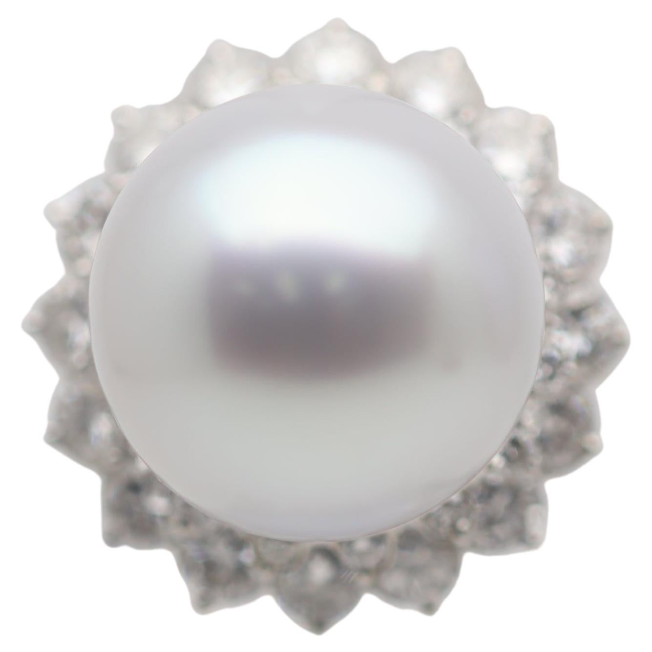 South Sea Pearl Diamond Platinum Halo Sunburst Ring For Sale