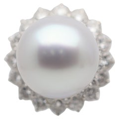 South Sea Pearl Diamond Platinum Halo Sunburst Ring