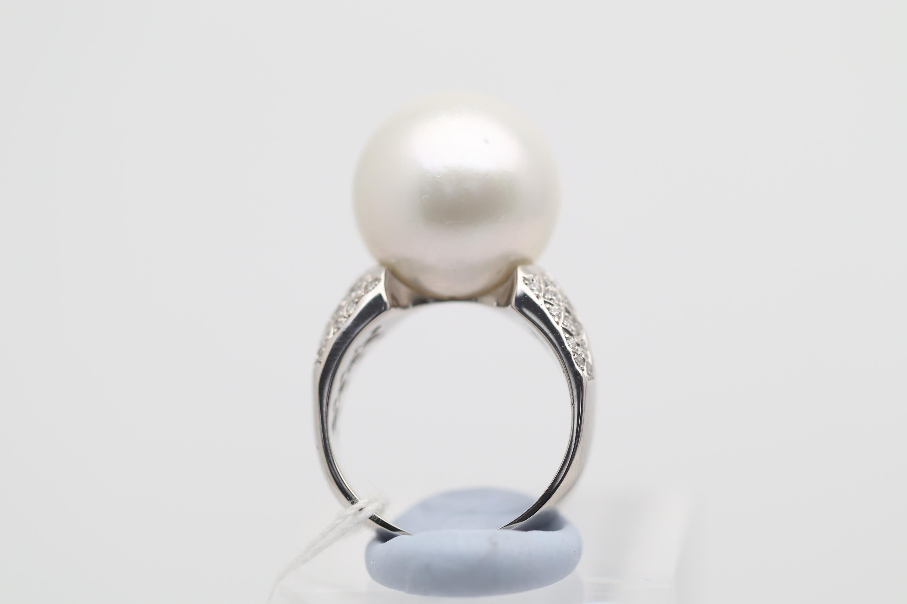 Cabochon 16mm South Sea Pearl Diamond Platinum Ring For Sale