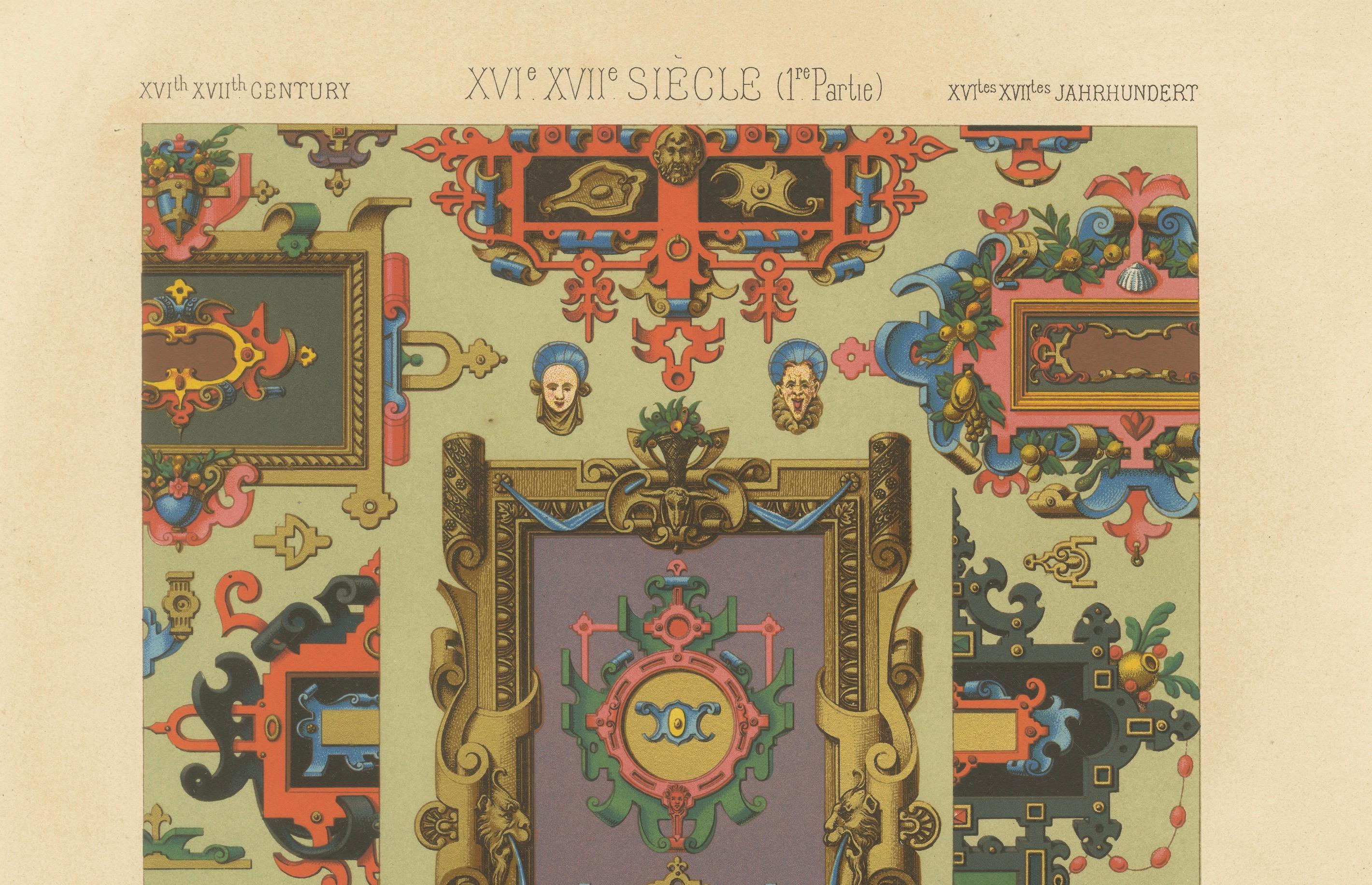 Grotesques de la Renaissance des XVIe et XVIIe siècles - Panneau d'ornements somptueux de L'Ornement Polychrome, planche LXXII

Cette remarquable chromolithographie est la planche LXXII de la série monumentale d'arts décoratifs L'Ornement