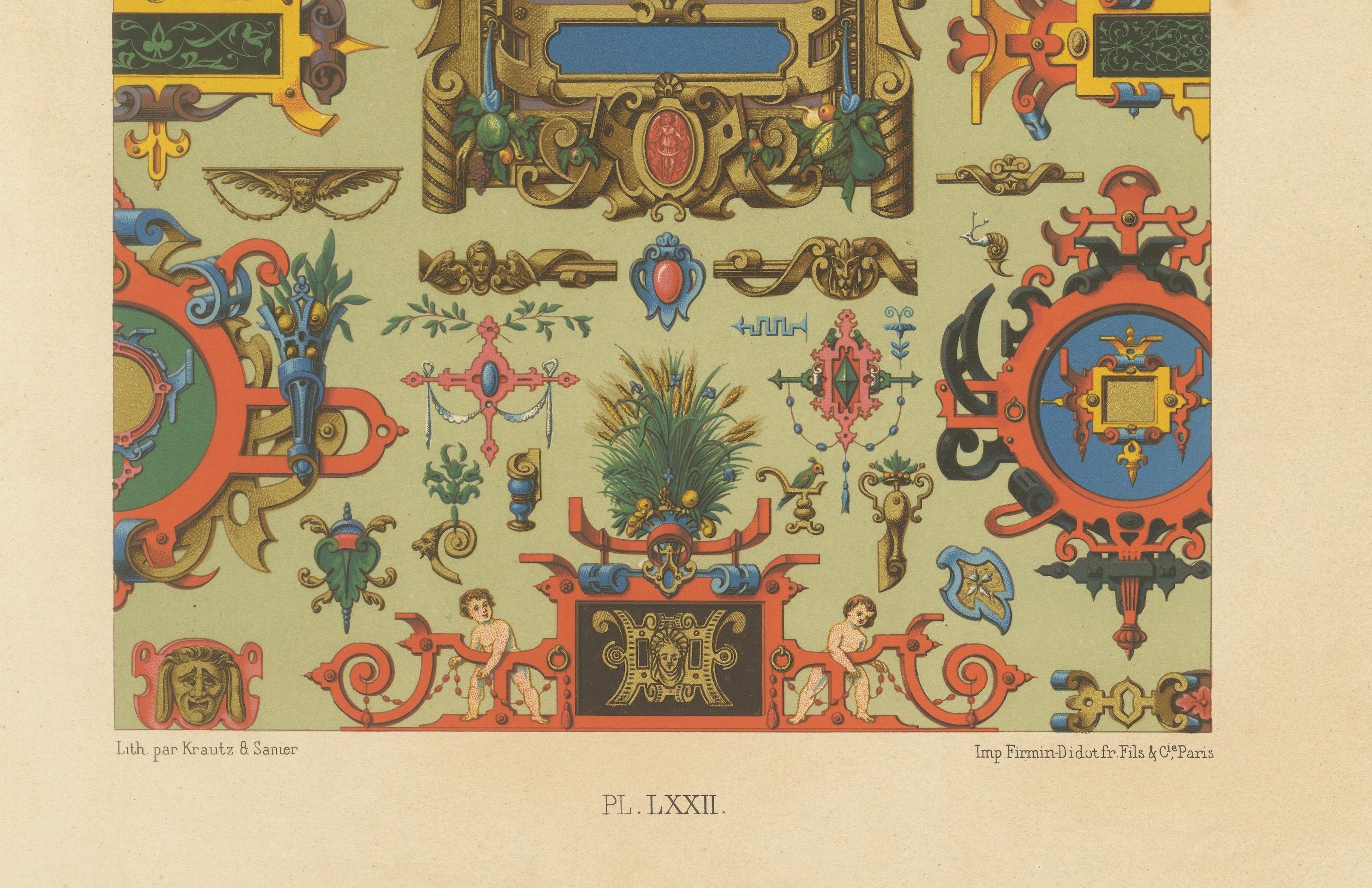 Français Grotesques de la Renaissance des XVIe et XVIIe siècles - Panneau d'ornements somptueux, Pl. LXXII, 1869 en vente