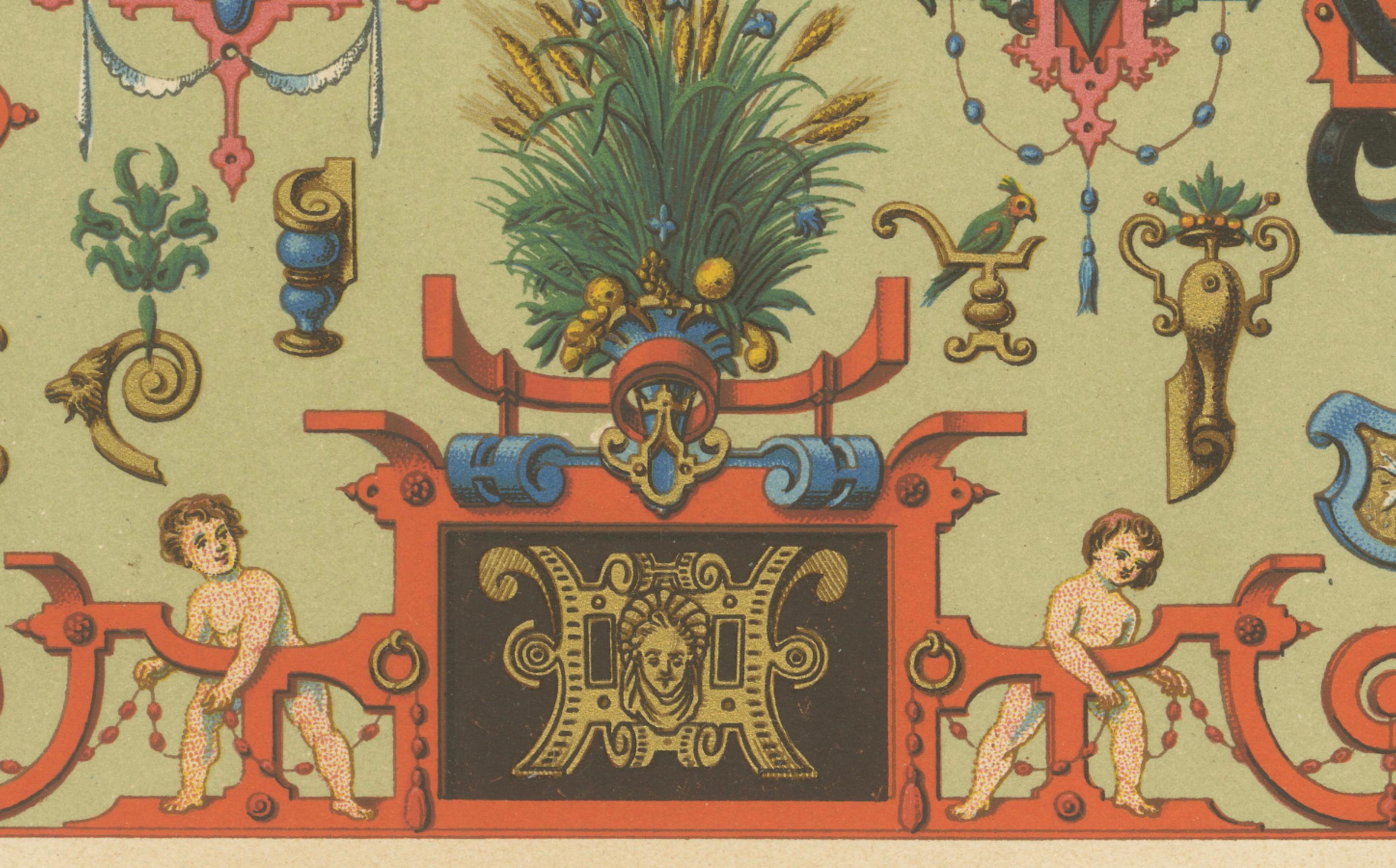 Grotesques de la Renaissance des XVIe et XVIIe siècles - Panneau d'ornements somptueux, Pl. LXXII, 1869 Bon état - En vente à Langweer, NL