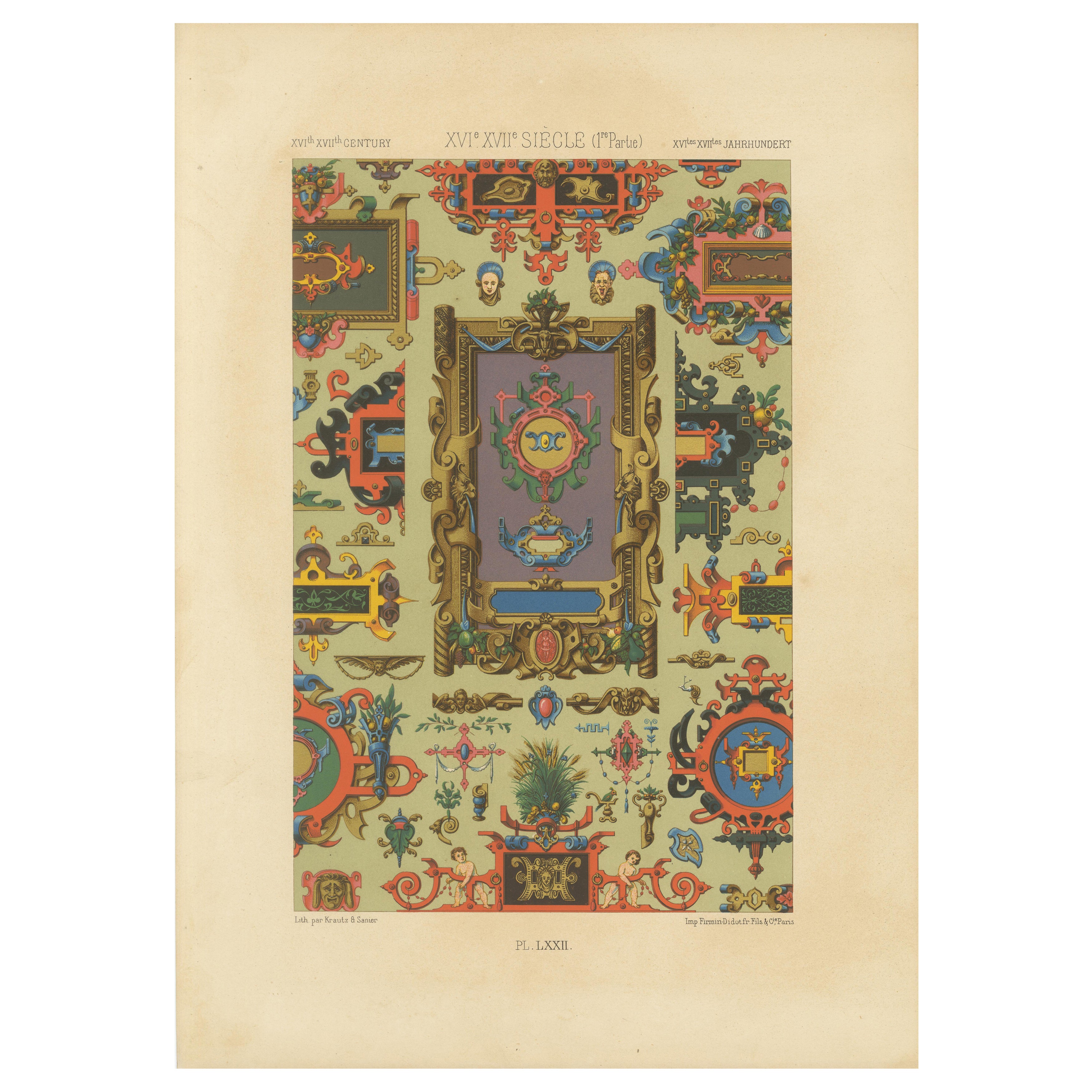 Grotescas renacentistas del s. XVI-XVII - Panel de ornamentos fastuosos, Pl. LXXII, 1869 en venta