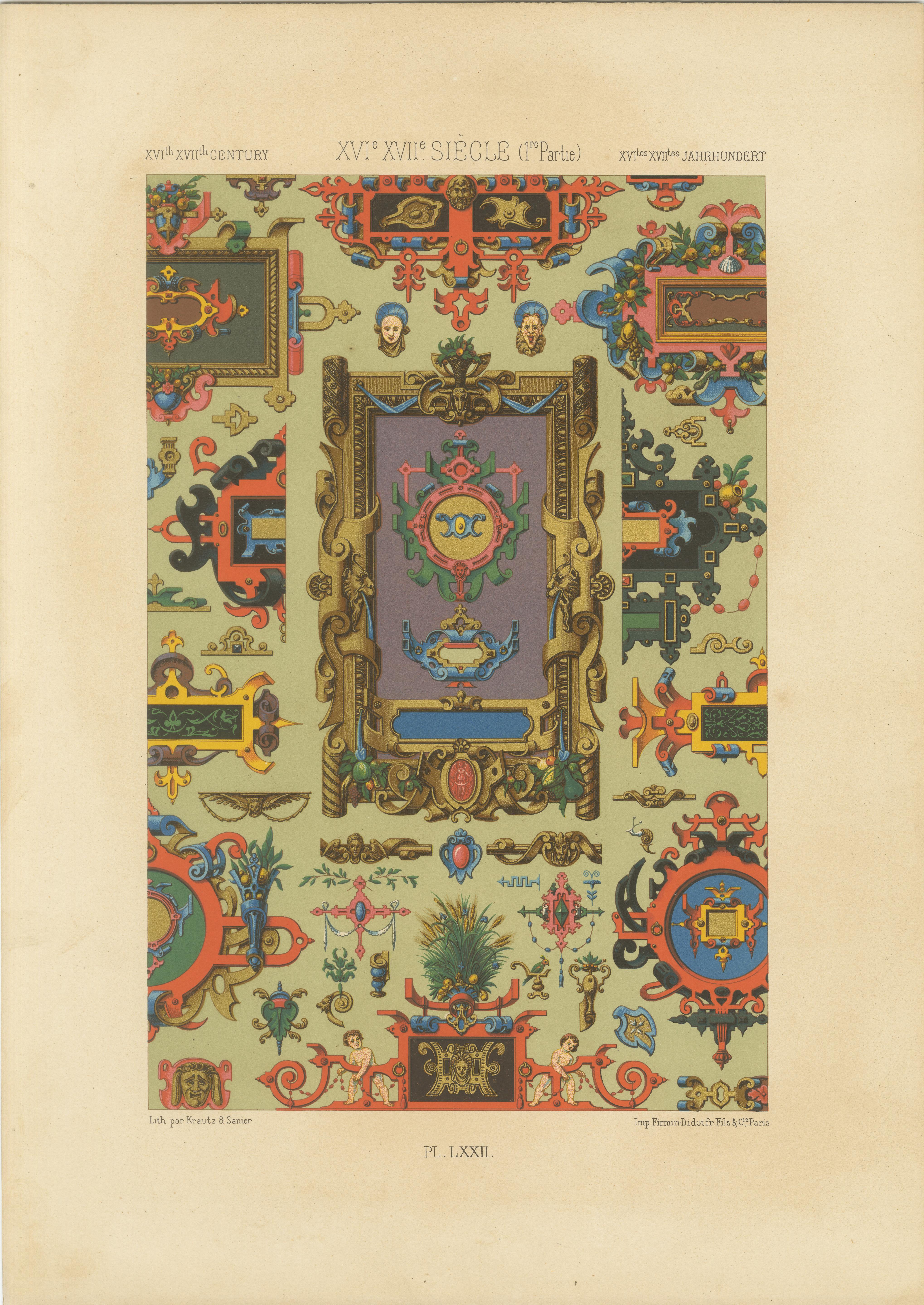 Grotesques de la Renaissance des XVIe et XVIIe siècles - Panneau d'ornements somptueux, Pl. LXXII, 1869 en vente