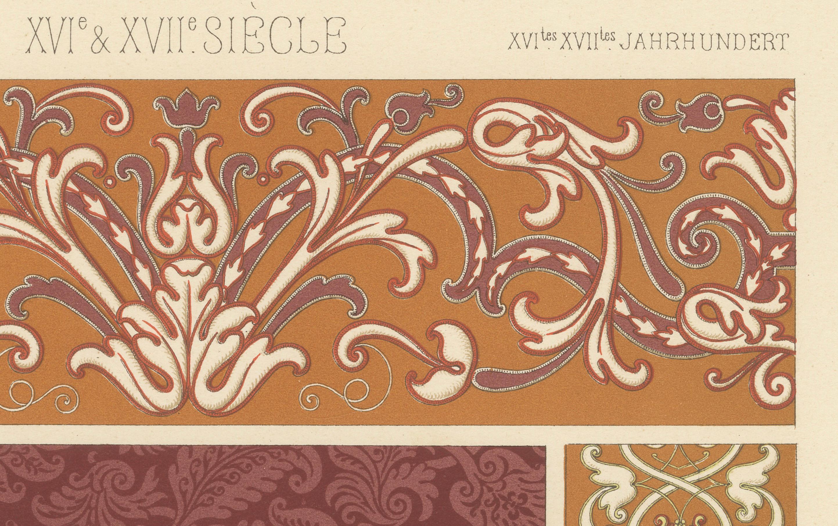 Rinceaux de la Renaissance des XVIe et XVIIe siècles - Design/One de L'Ornement Polychrome, planche LXXIII

Cette plaque richement colorée, numérotée LXXIII, provient de la célèbre série L'Ornement Polychrome, réalisée dans les années 1860-70 sous