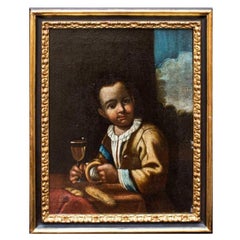 16th-17th Century Child with Donuts and Glass Painting Oil on Canvas by Amorosi
