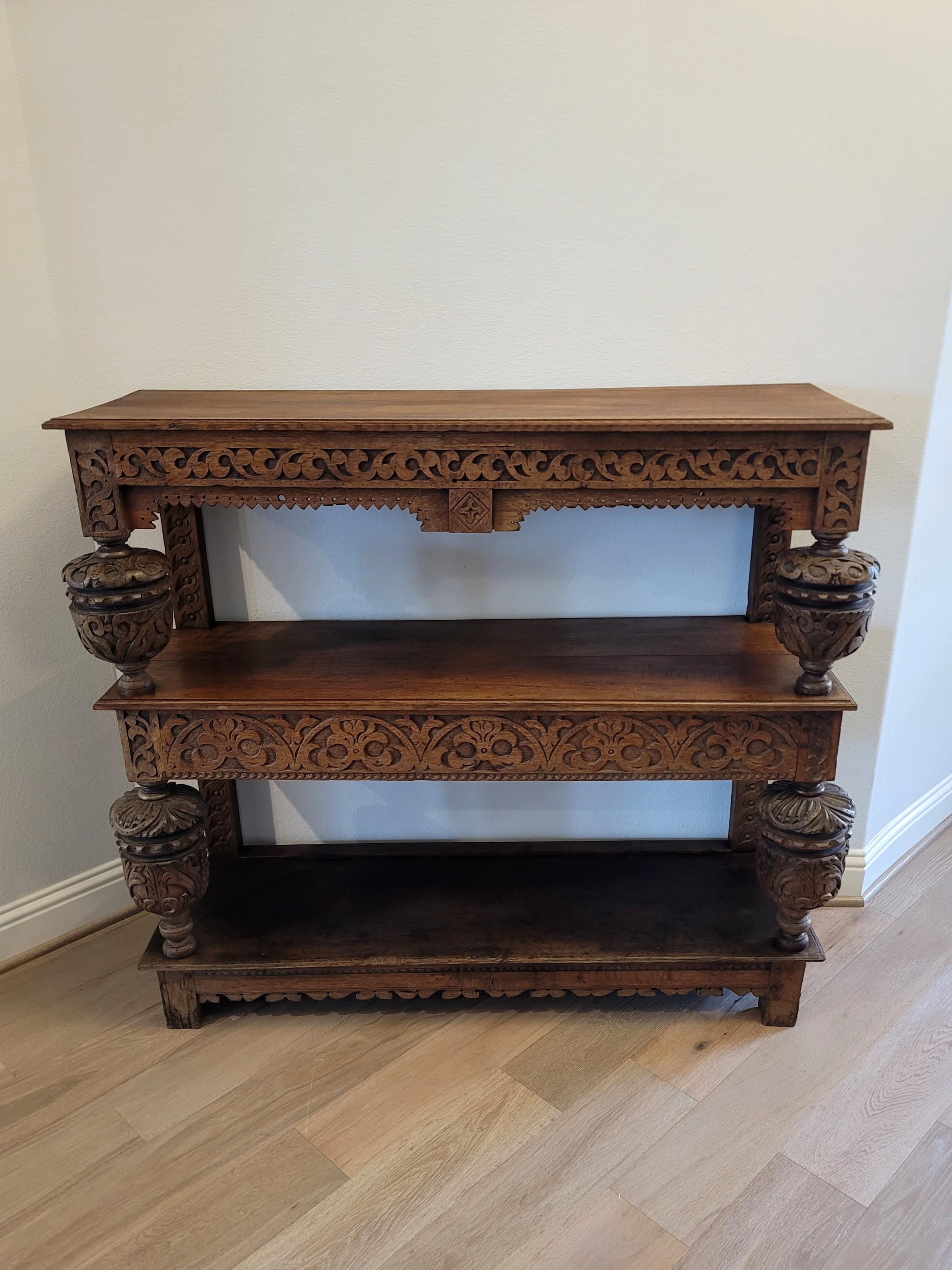 Hand-Carved 16th/17th Century Elizabethan Carved Oak Three-tier Court Cupboard Server For Sale