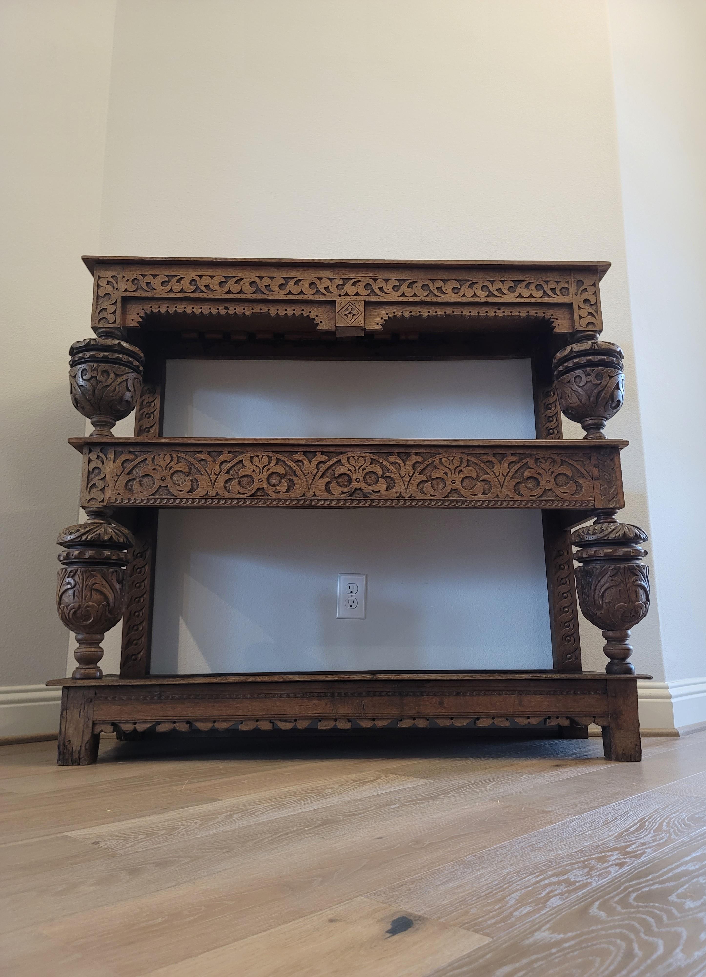 18th Century and Earlier 16th/17th Century Elizabethan Carved Oak Three-tier Court Cupboard Server For Sale