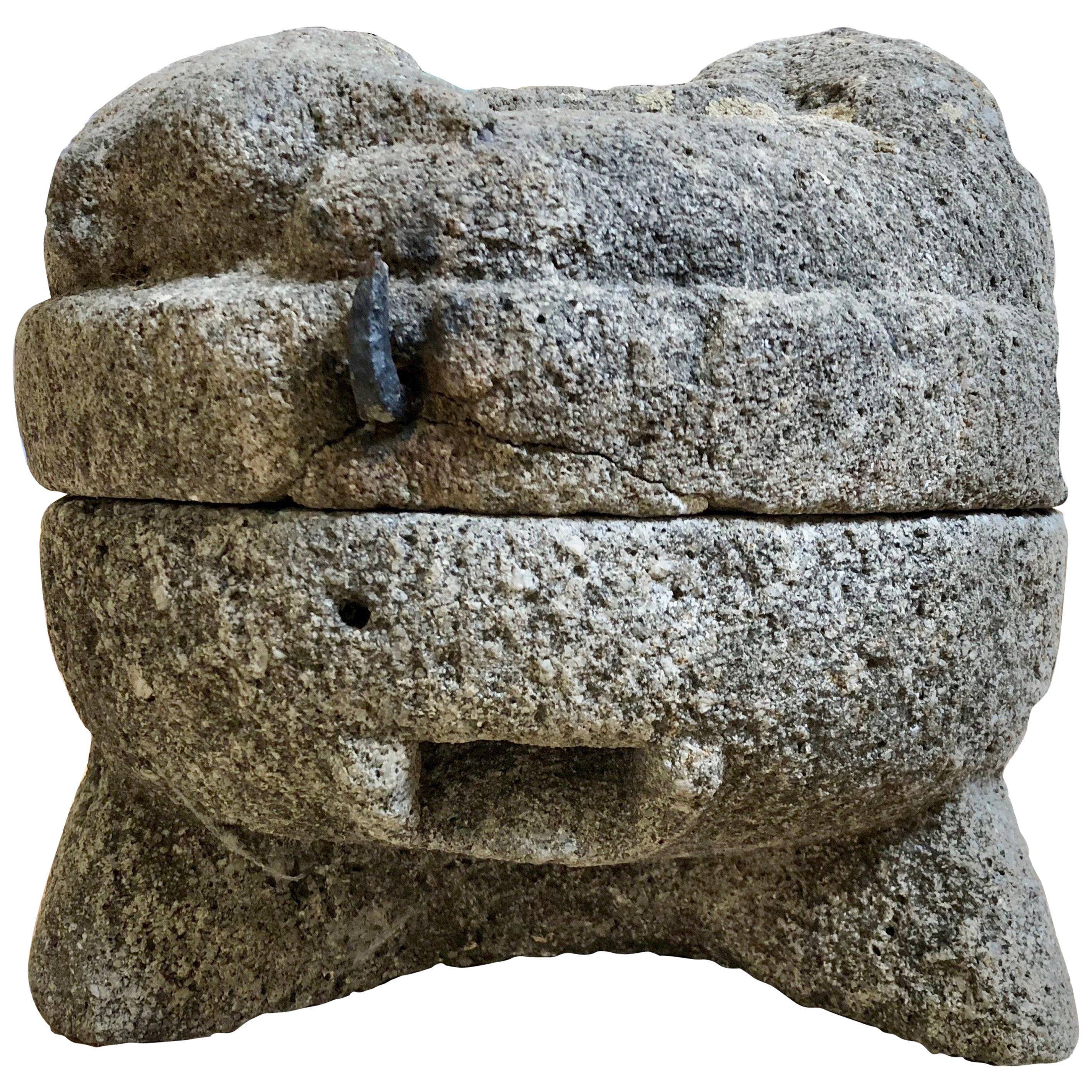 16th-17th Century French Circular Salt Granite Grinder Featuring a Sleeping Fox For Sale