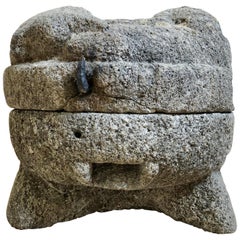 Antique 16th-17th Century French Circular Salt Granite Grinder Featuring a Sleeping Fox