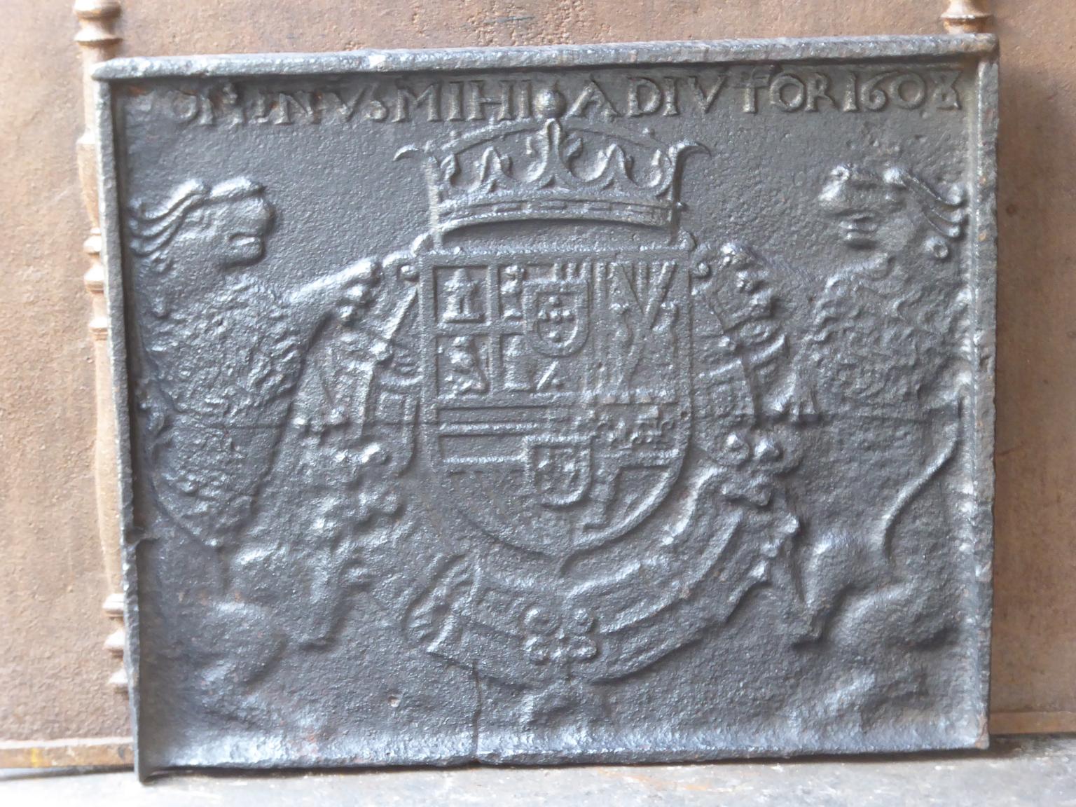 16th-17th century fireback with the coat of arms of Philip III of Spain. The fireback is made of cast iron and has a natural brown patina. Upon request it can be made black / pewter.