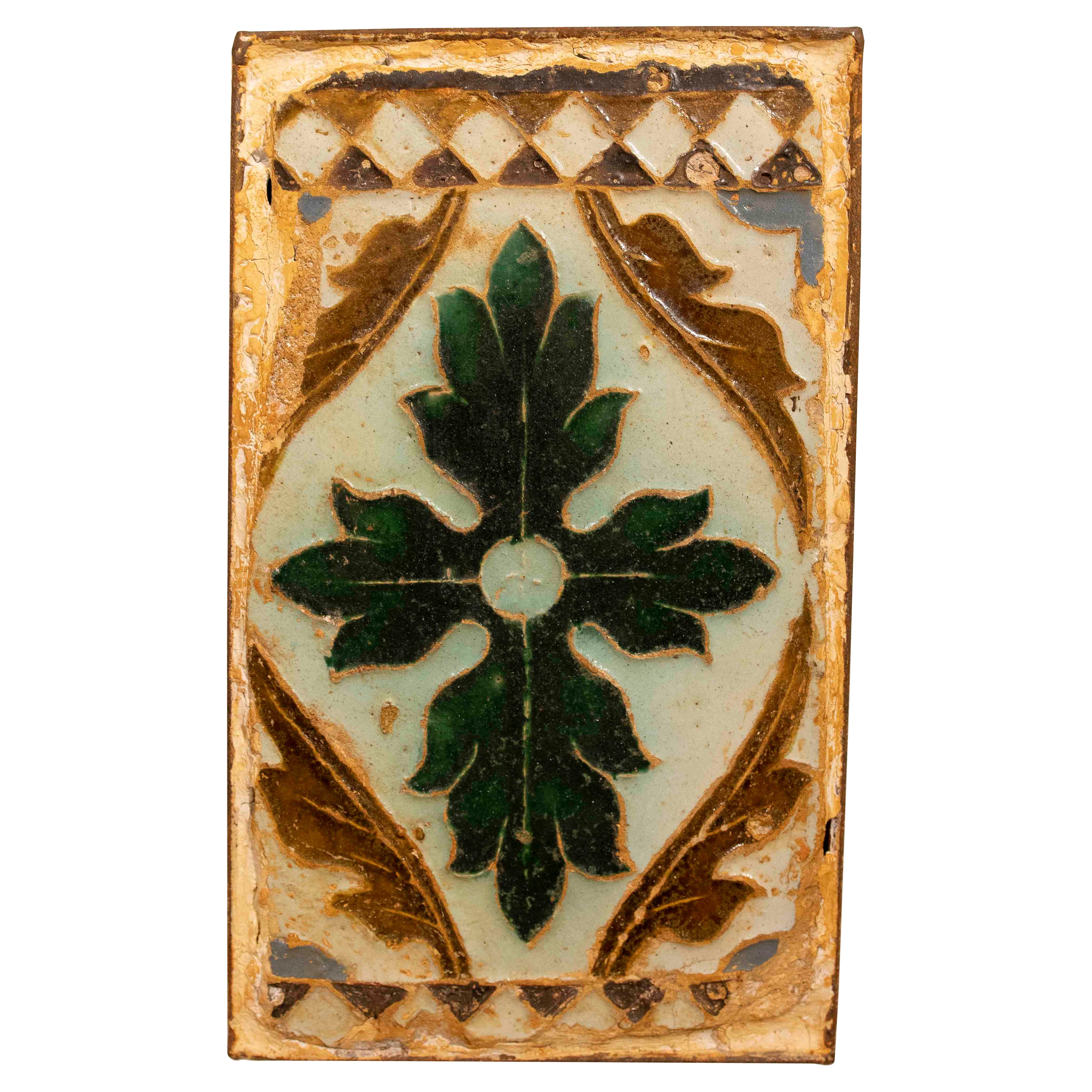 16th Antique Framed Tile Made with Cuerda Seca Technique