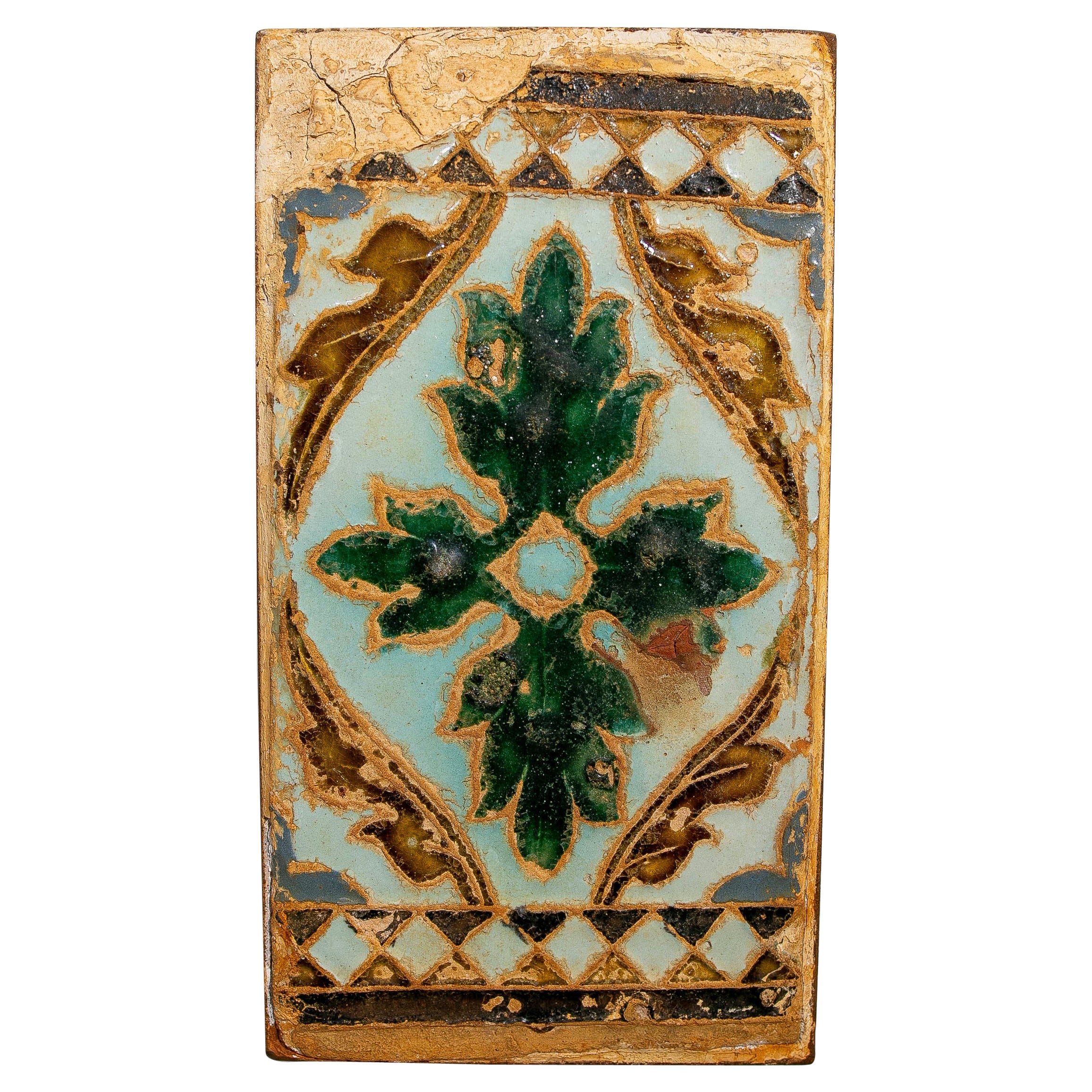 16th Antique Framed Tile Made with Cuerda Seca Technique. For Sale