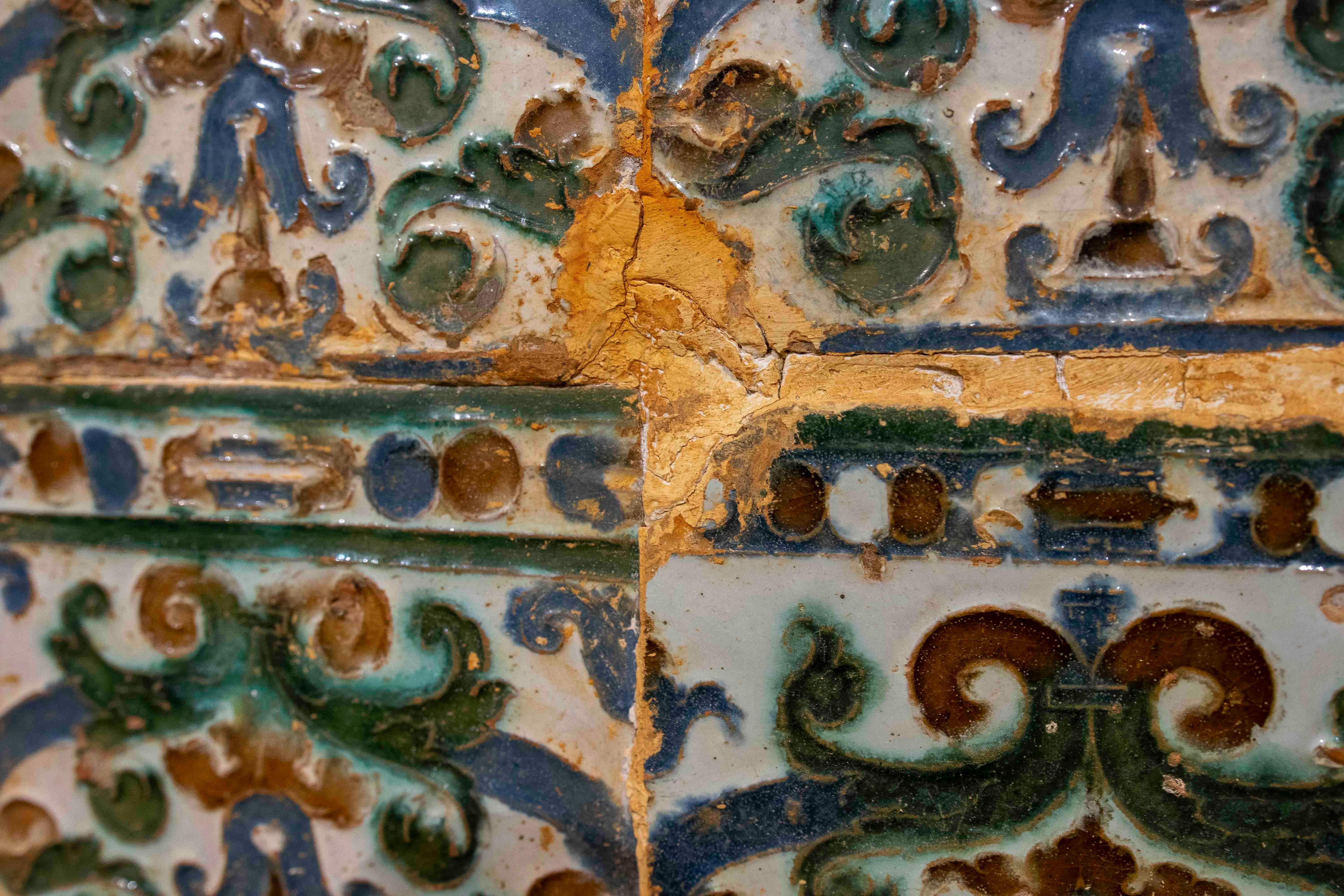 16th Antique Panel Glazed Tiles in Green and Blue siglo XVIII y antes en venta