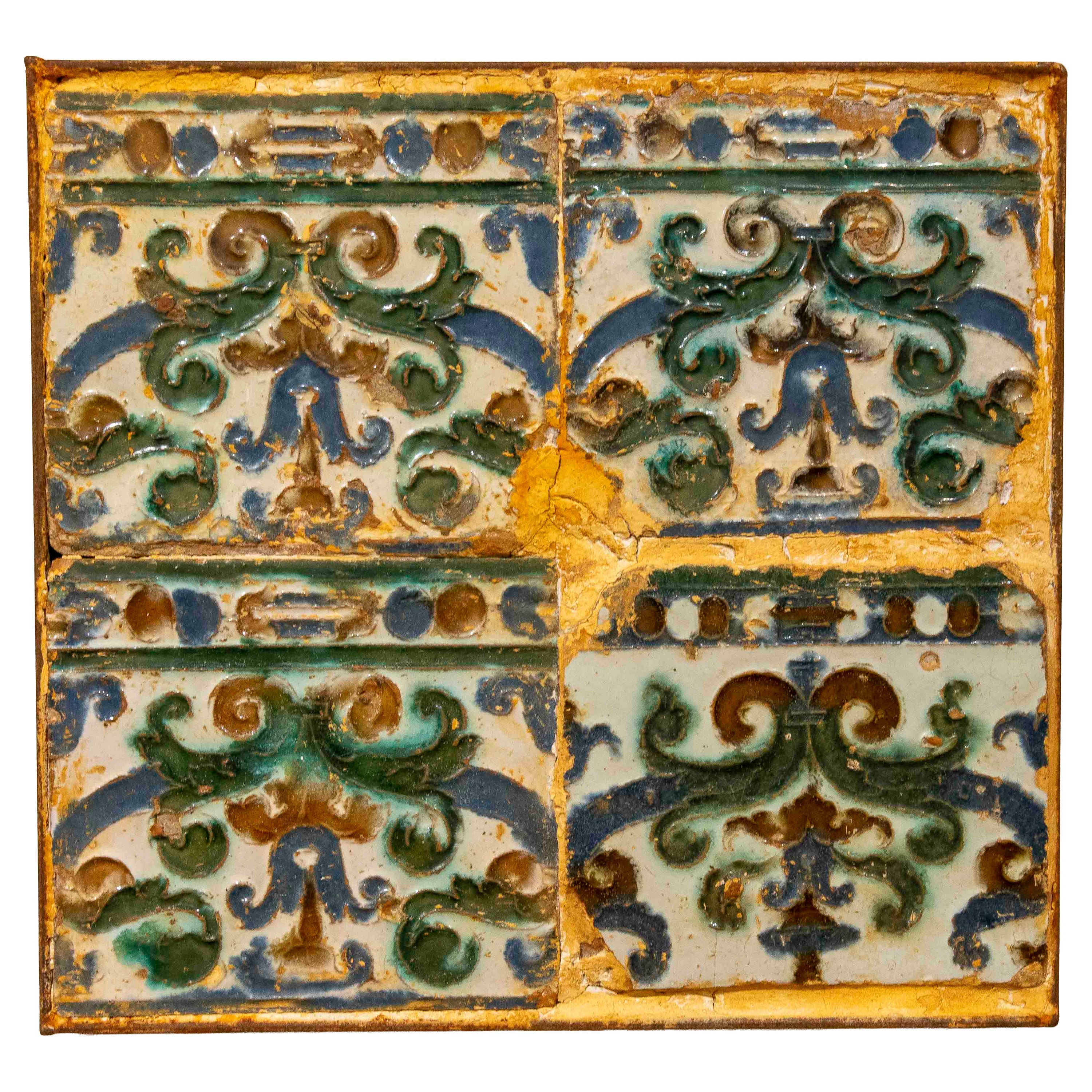 16th Antique Panel Glazed Tiles in Green and Blue