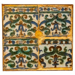 16th Antique Panel Glazed Tiles in Green and Blue