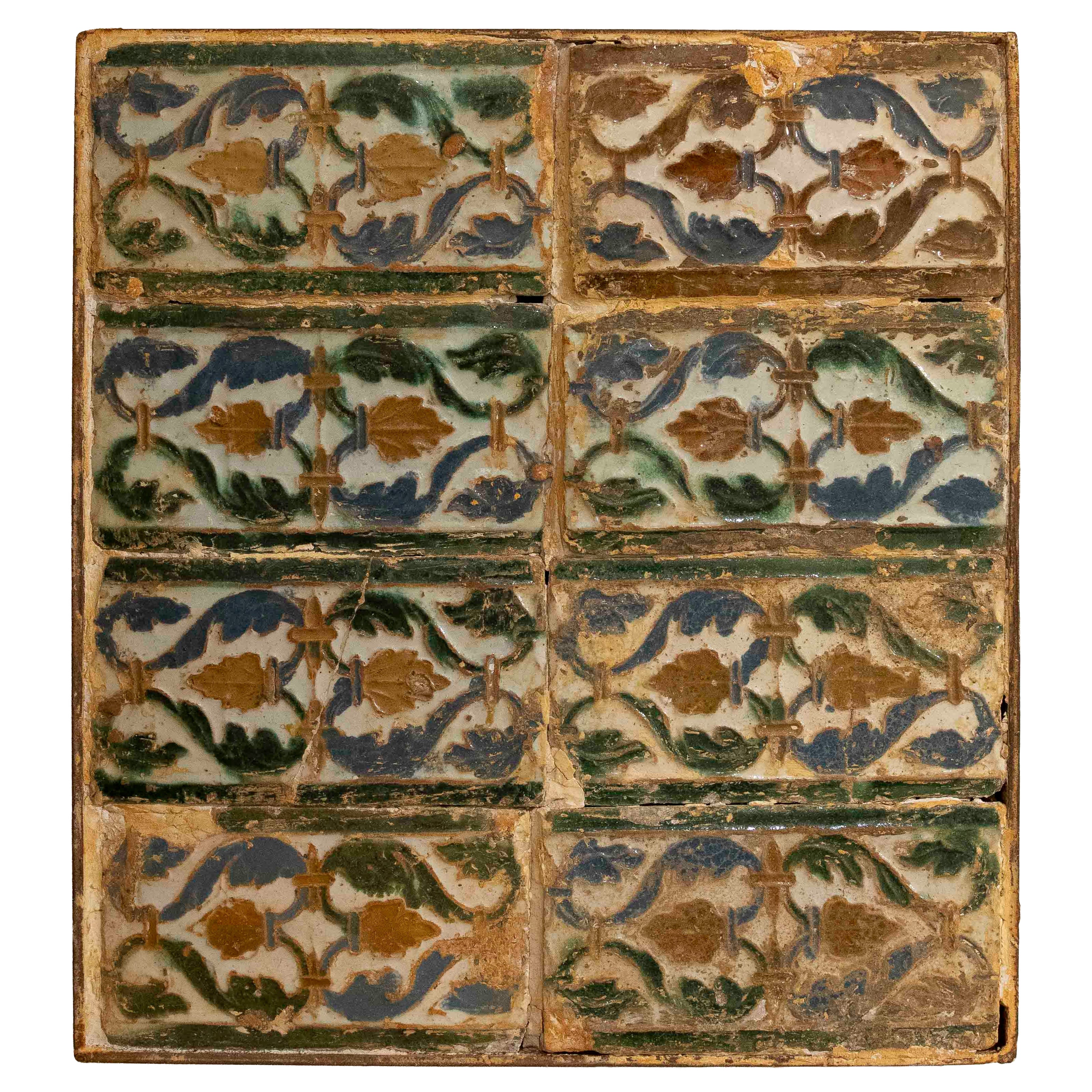16th Antique Panel of Rectangular Tiles with Glazed Plant Motifs Frames