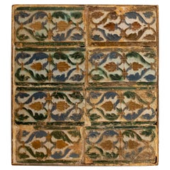 16th Antique Panel of Rectangular Tiles with Glazed Plant Motifs Frames