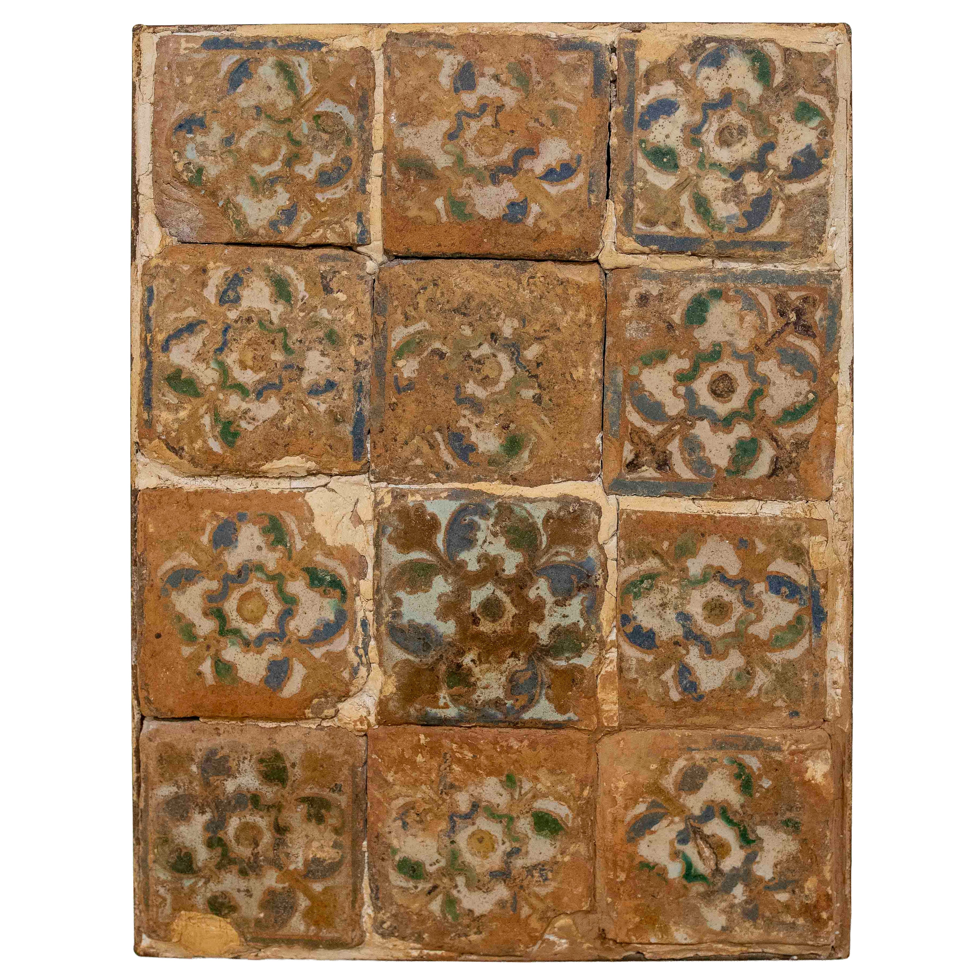 16th Antique Panel of Twelve Antique Tiles with Floral Motifs
