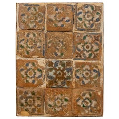 16th Antique Panel of Twelve Antique Tiles with Floral Motifs
