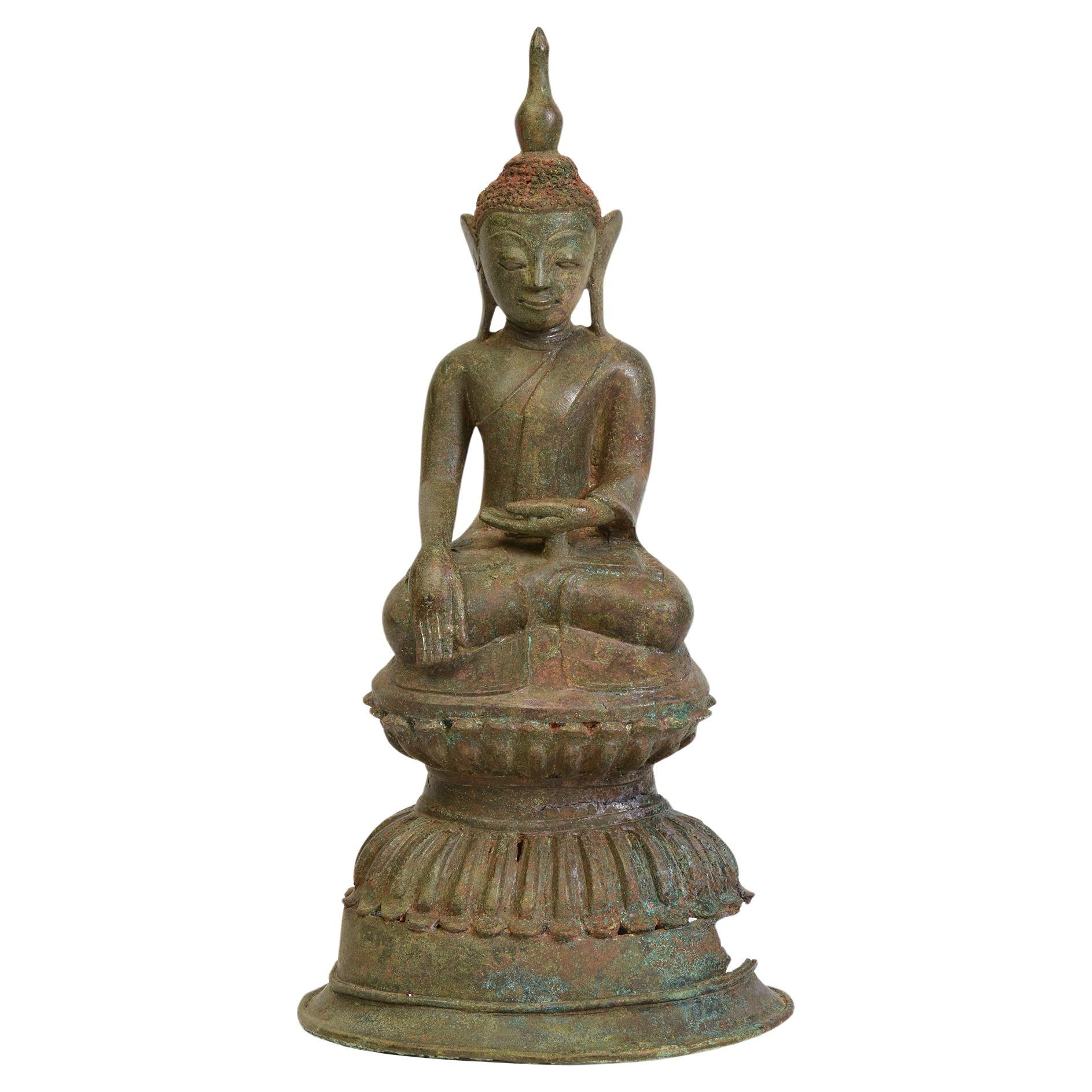 16th C., Ava, Antique Burmese Bronze Seated Buddha Statue on Double Lotus Base For Sale