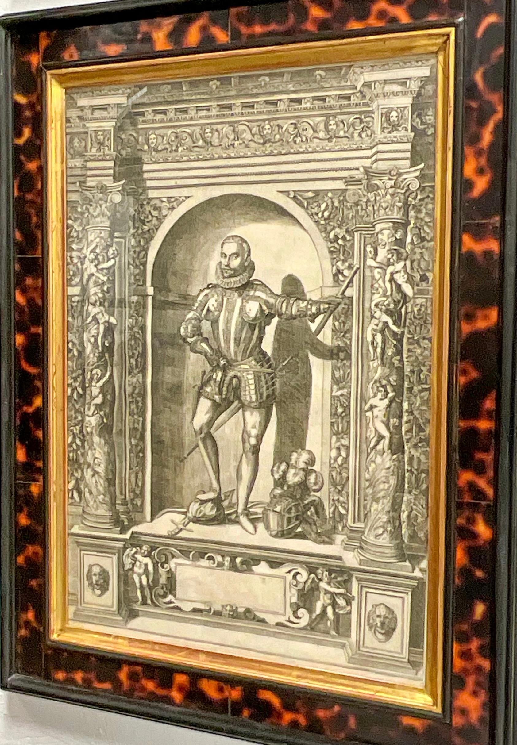 16th-C. Gravur des Adels, gerahmt in England in Schildpatt-Rahmen, S/12 (Neoklassisch) im Angebot