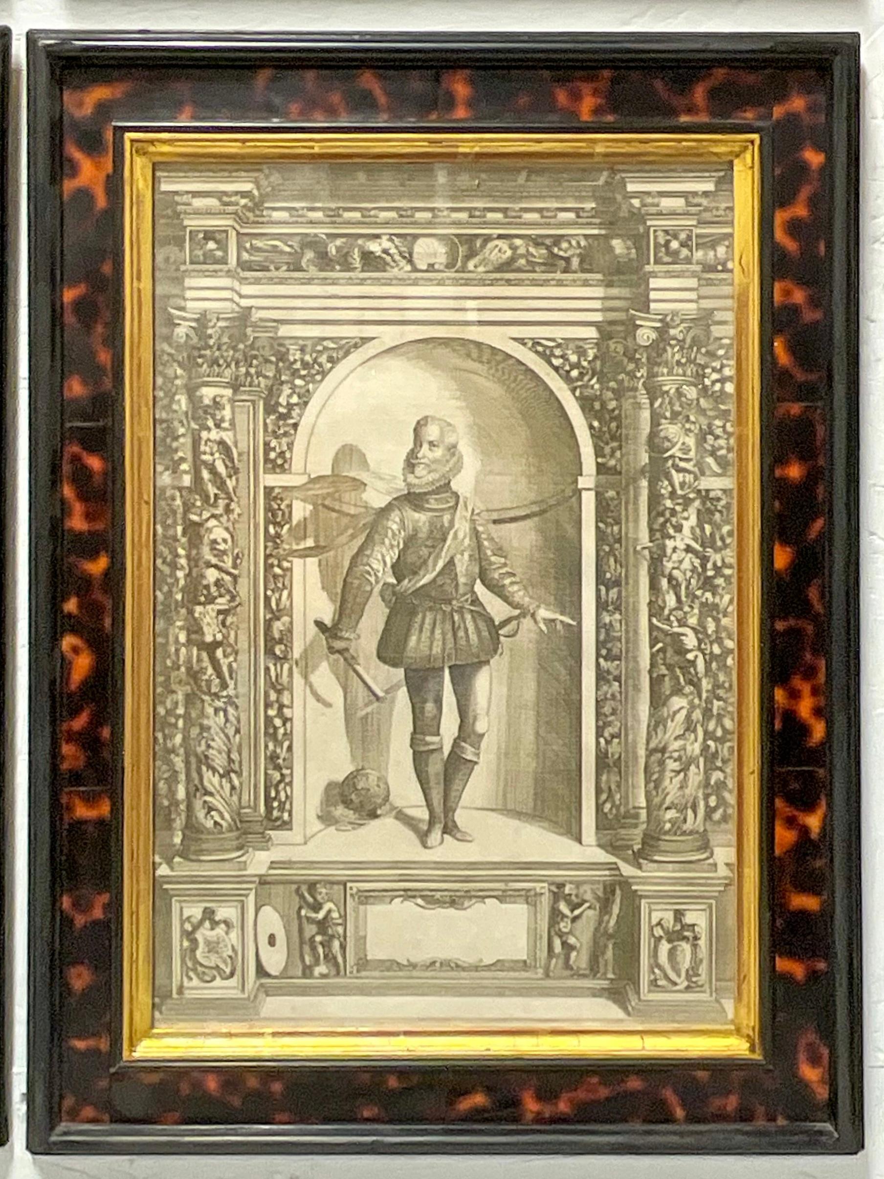 English 16th-C. Engravings of Nobility Framed in England in Faux Tortoise Frames, S/12 For Sale