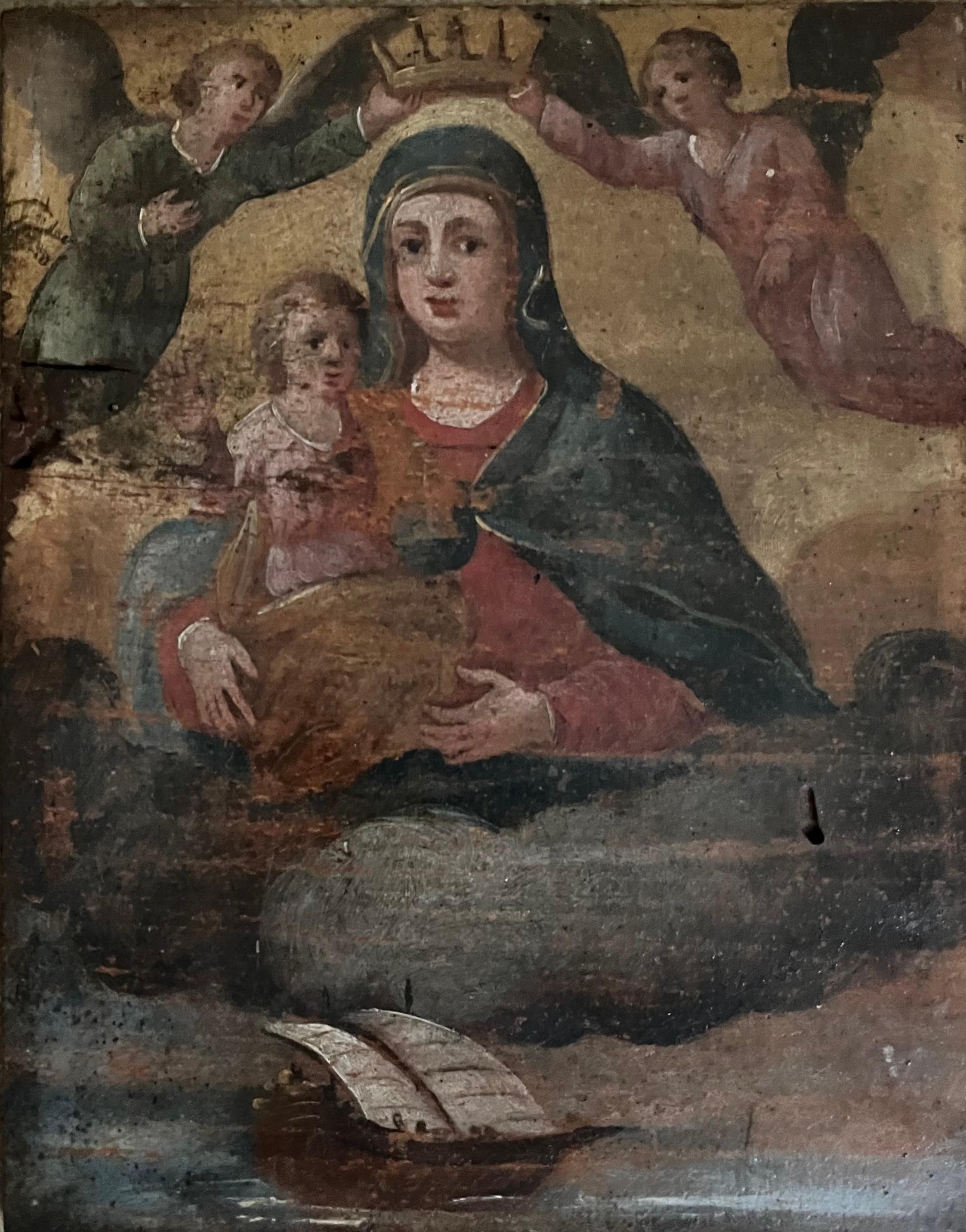 16th C. Portuguese Renaissance Painting “Our Lady of Navigators” Dutch Ripple frame.

Very early and extremely rare Old Master Painting from the 16th century Portuguese School depicting the Virgin with the infant child. Two angels from above crown