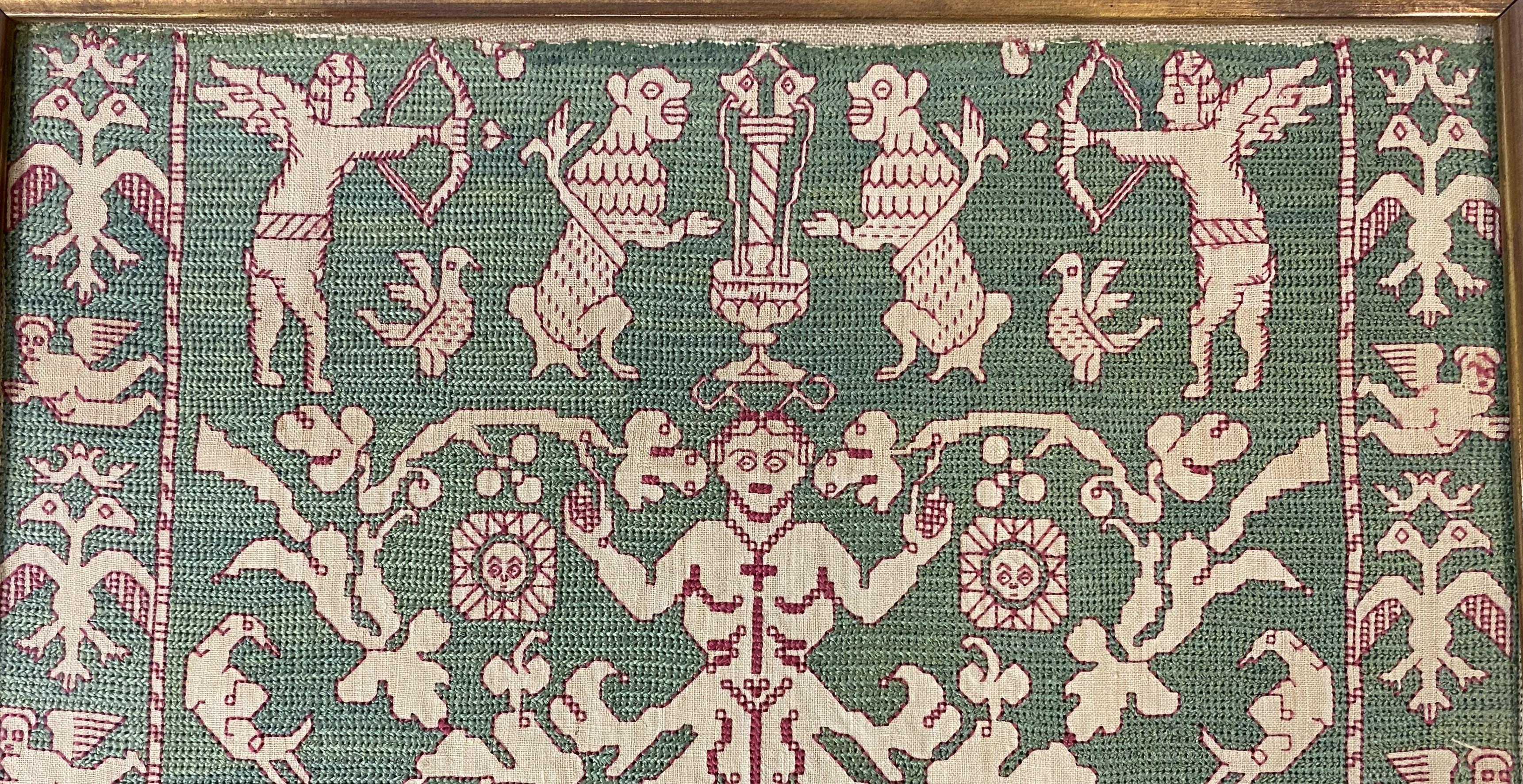 16th c Spanish Silk & Linen Embroidered Textile Fragment w/ Figures & Animals In Good Condition For Sale In Milford, NH