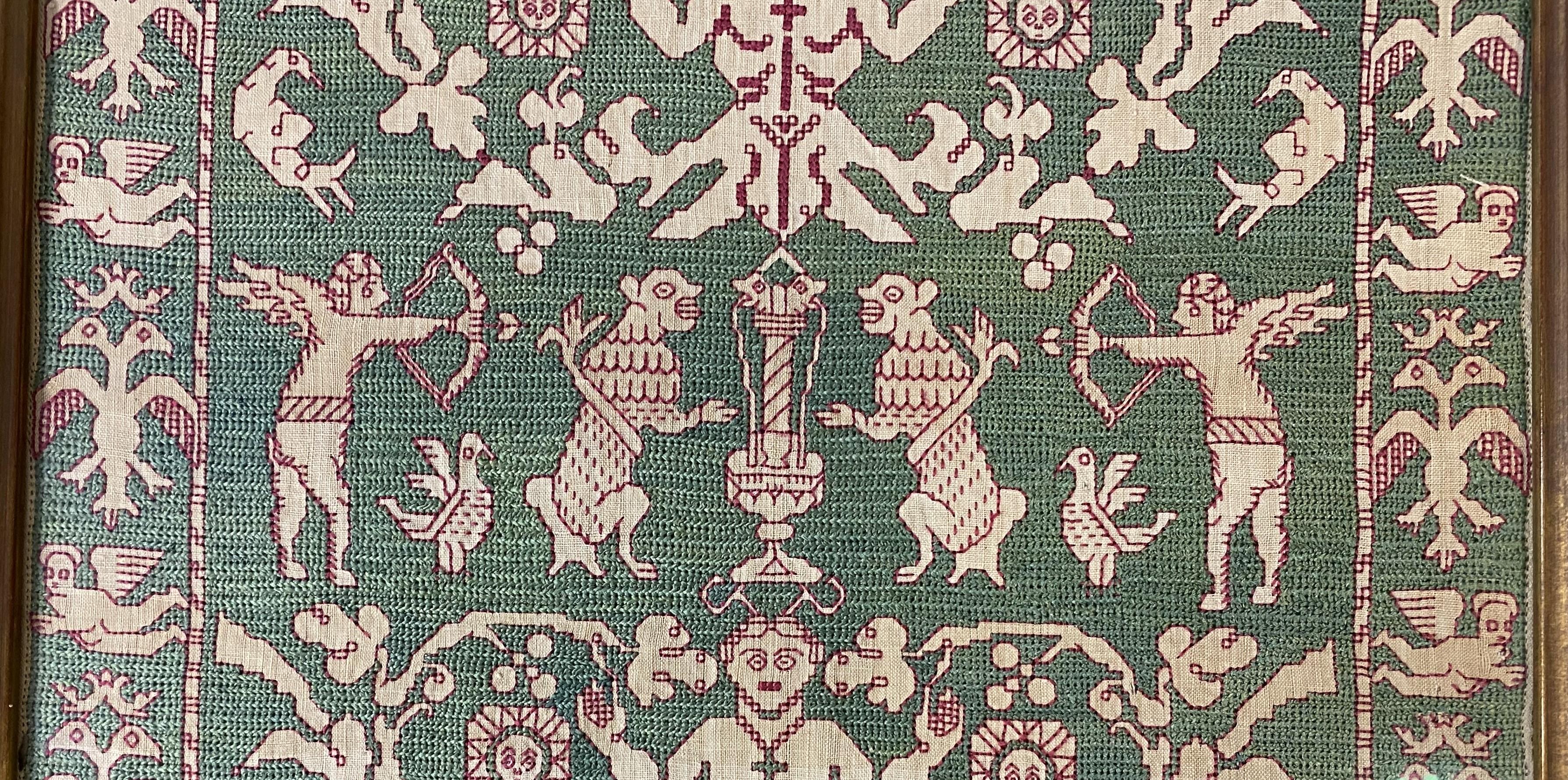 18th Century and Earlier 16th c Spanish Silk & Linen Embroidered Textile Fragment w/ Figures & Animals For Sale