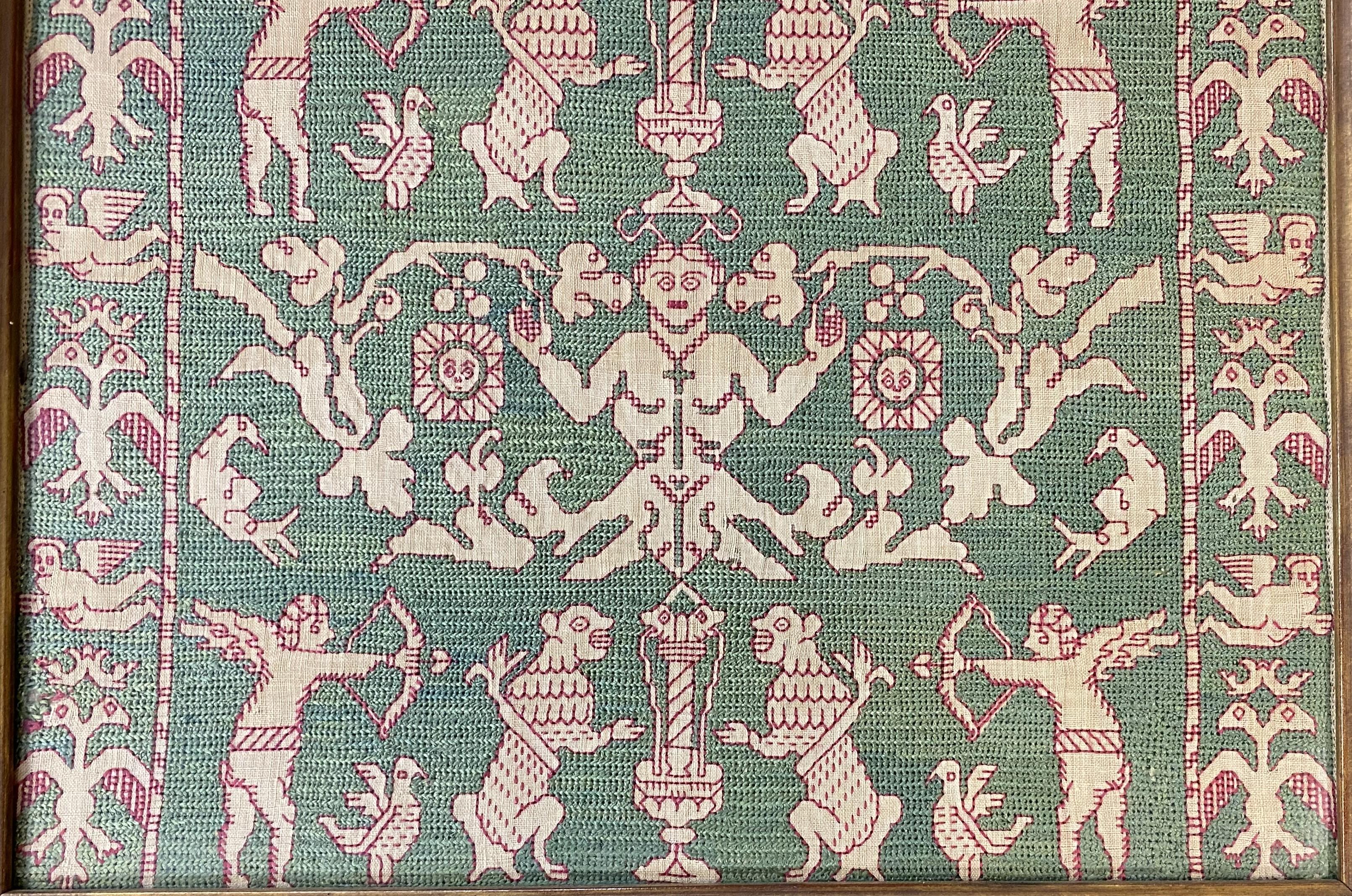 16th c Spanish Silk & Linen Embroidered Textile Fragment w/ Figures & Animals For Sale 1