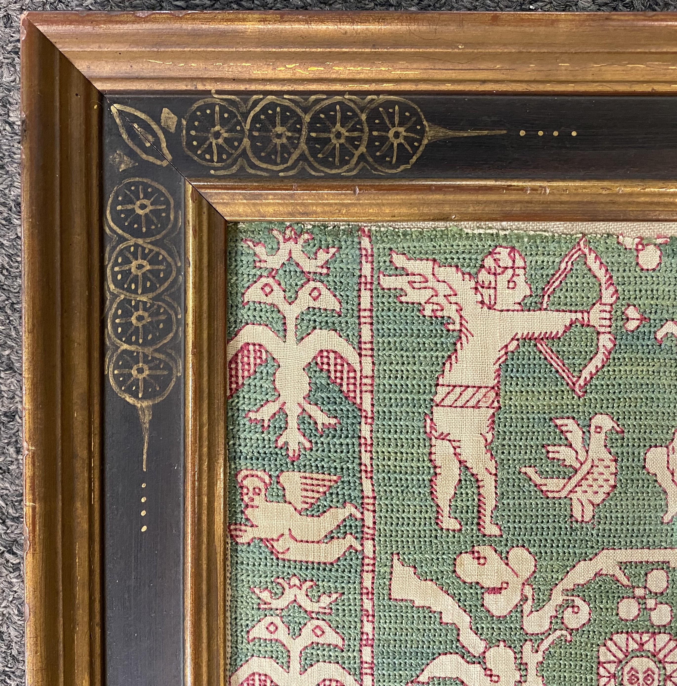 16th c Spanish Silk & Linen Embroidered Textile Fragment w/ Figures & Animals For Sale 2