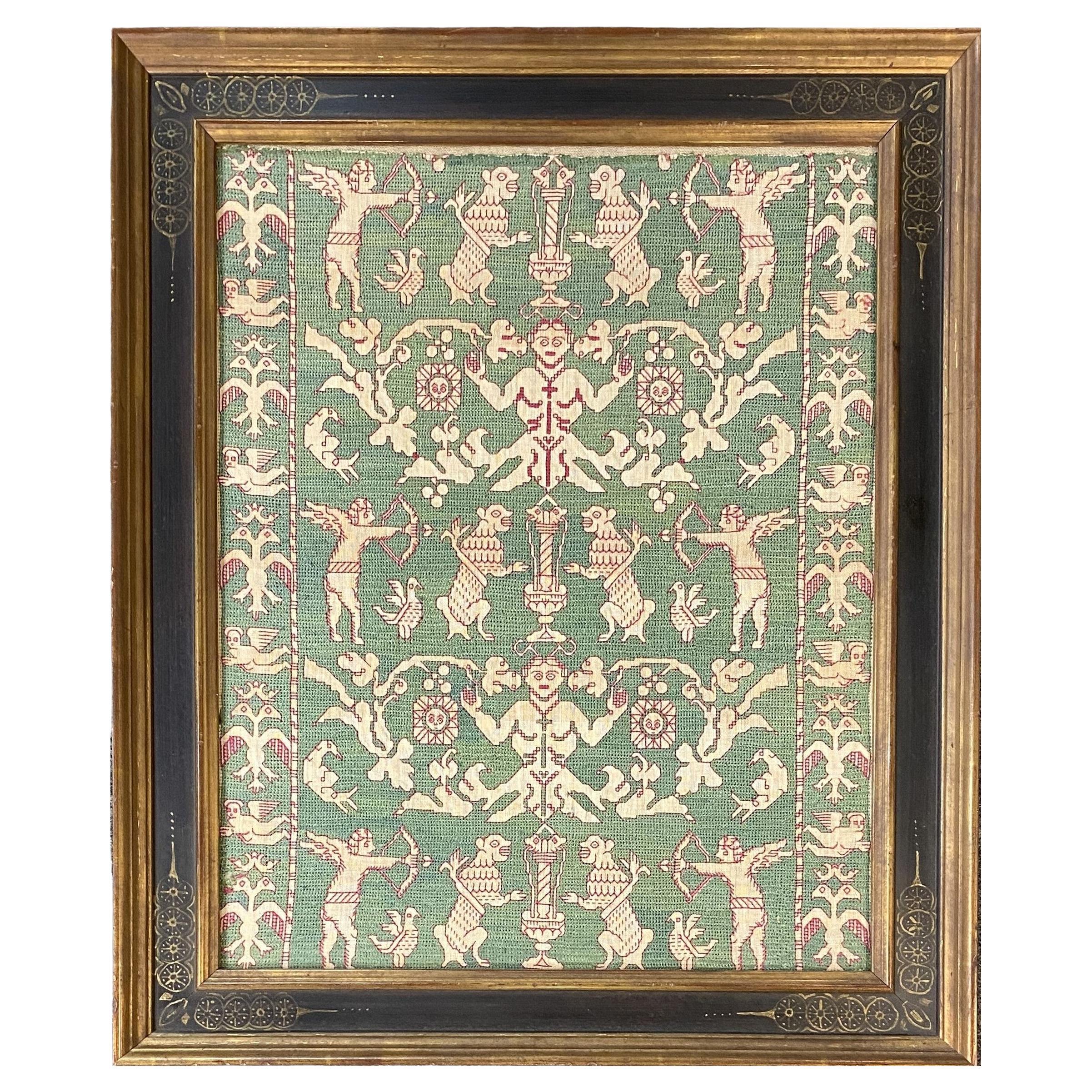 16th c Spanish Silk & Linen Embroidered Textile Fragment w/ Figures & Animals