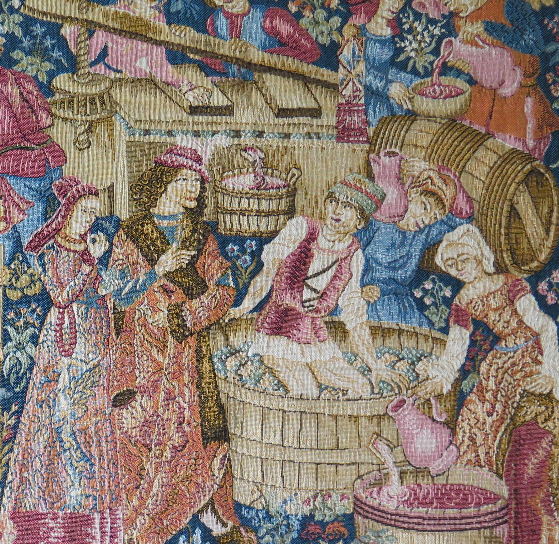 Woven Wall Hanging Tapestry Depicting Wine Making, French, 20th Century 4