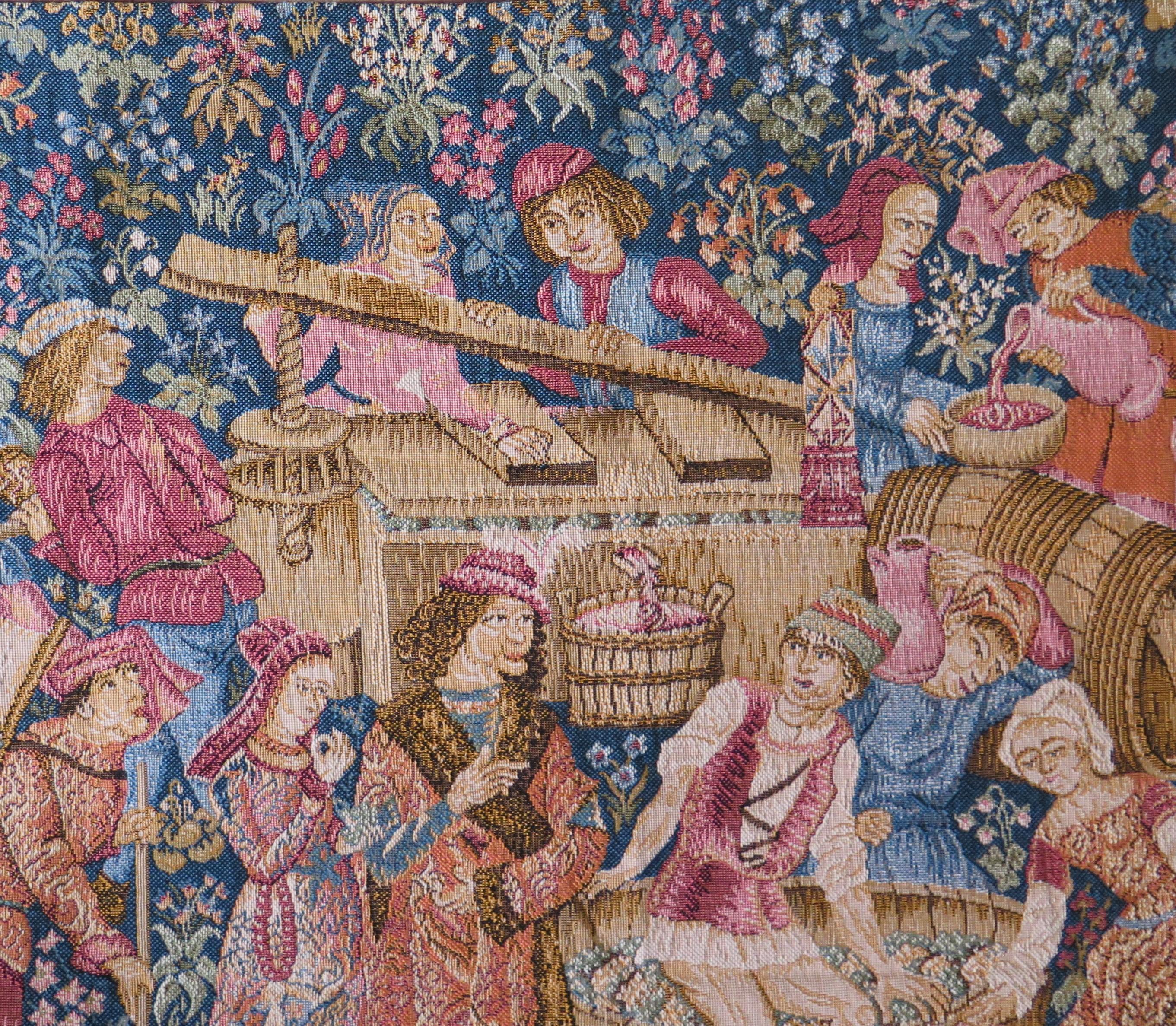 Woven Wall Hanging Tapestry Depicting Wine Making, French, 20th Century 5