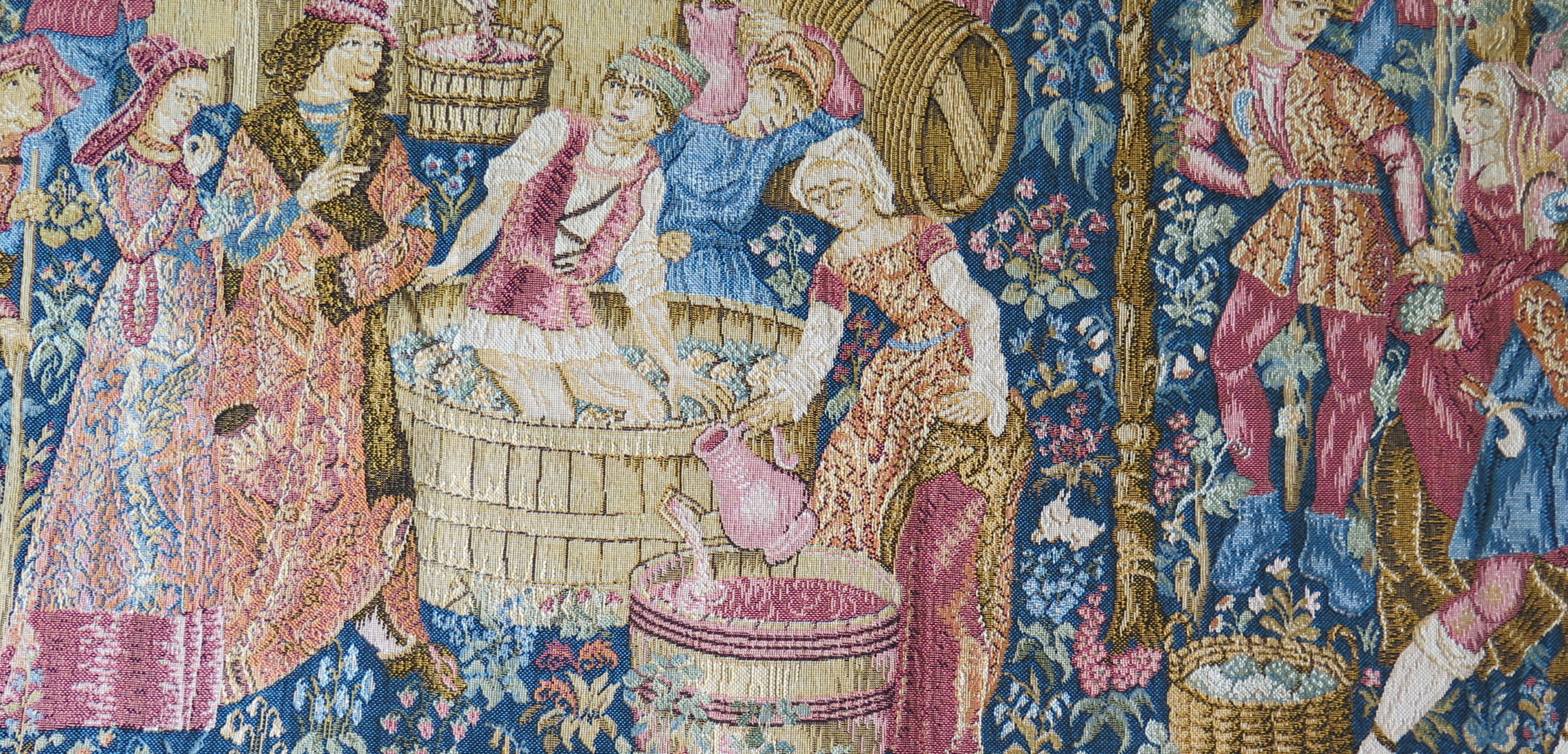 Woven Wall Hanging Tapestry Depicting Wine Making, French, 20th Century 7