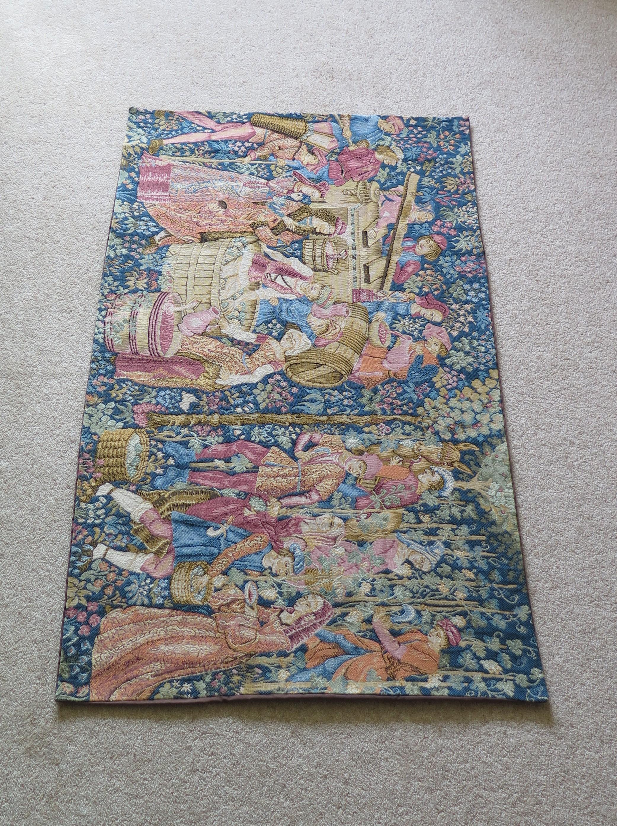 Fabric Woven Wall Hanging Tapestry Depicting Wine Making, French, 20th Century