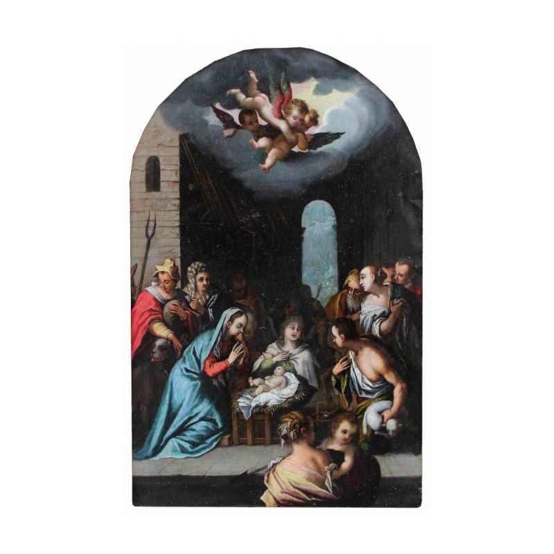 Domenico Carnevale (Sassuolo, 1524 - Modène, 1579) L'adoration des bergers

Huile sur cuivre, 42 x 28 cm

Cadre 54 x 36 cm

Avis d'expert du Prof. Emilio Negro

Le tableau représente l'Adoration des bergers, l'Enfant au centre, à côté de la