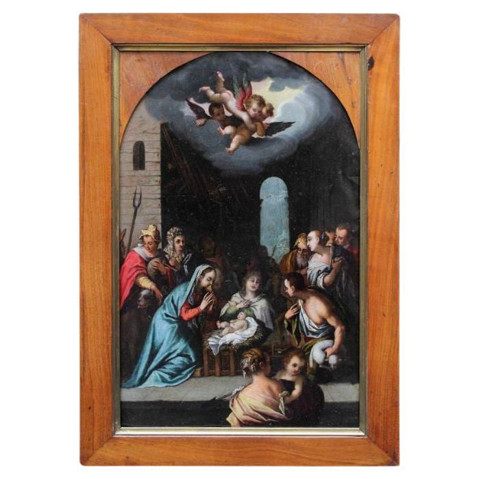 Peinture à l'huile sur cuivre du 16ème siècle, Adoration des bergers, par Carnevale en vente