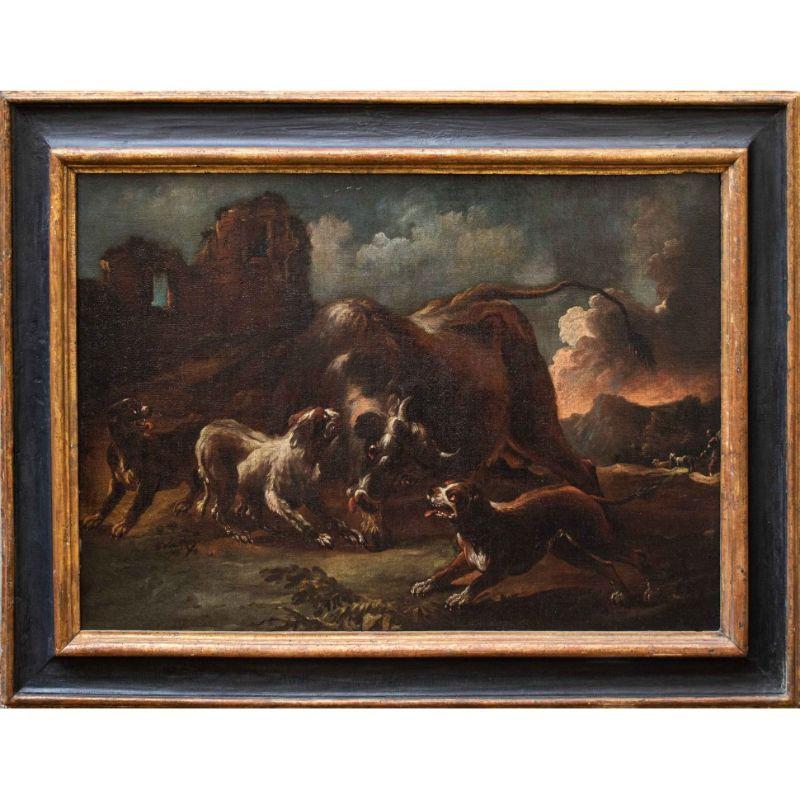 Giovanni Crivelli known as Crivellino (Milan,? - Parma, 1760) Fight between dogs and bison

Oil on canvas, 84 x 111 cm

With frame 112 x 139 cm

Thanks to the comparison with his autograph works, which will be mentioned, the present painting