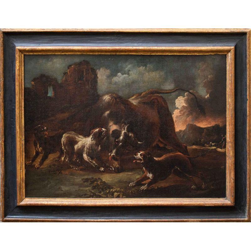 Giovanni Crivelli detto Crivellino (Milano,? - Parma, 1760) Lotta tra cani e bisonti

Olio su tela, 84 x 111 cm

Con cornice 112 x 139 cm

Grazie al confronto con le sue opere autografe, di cui si parlerà, il presente dipinto può essere