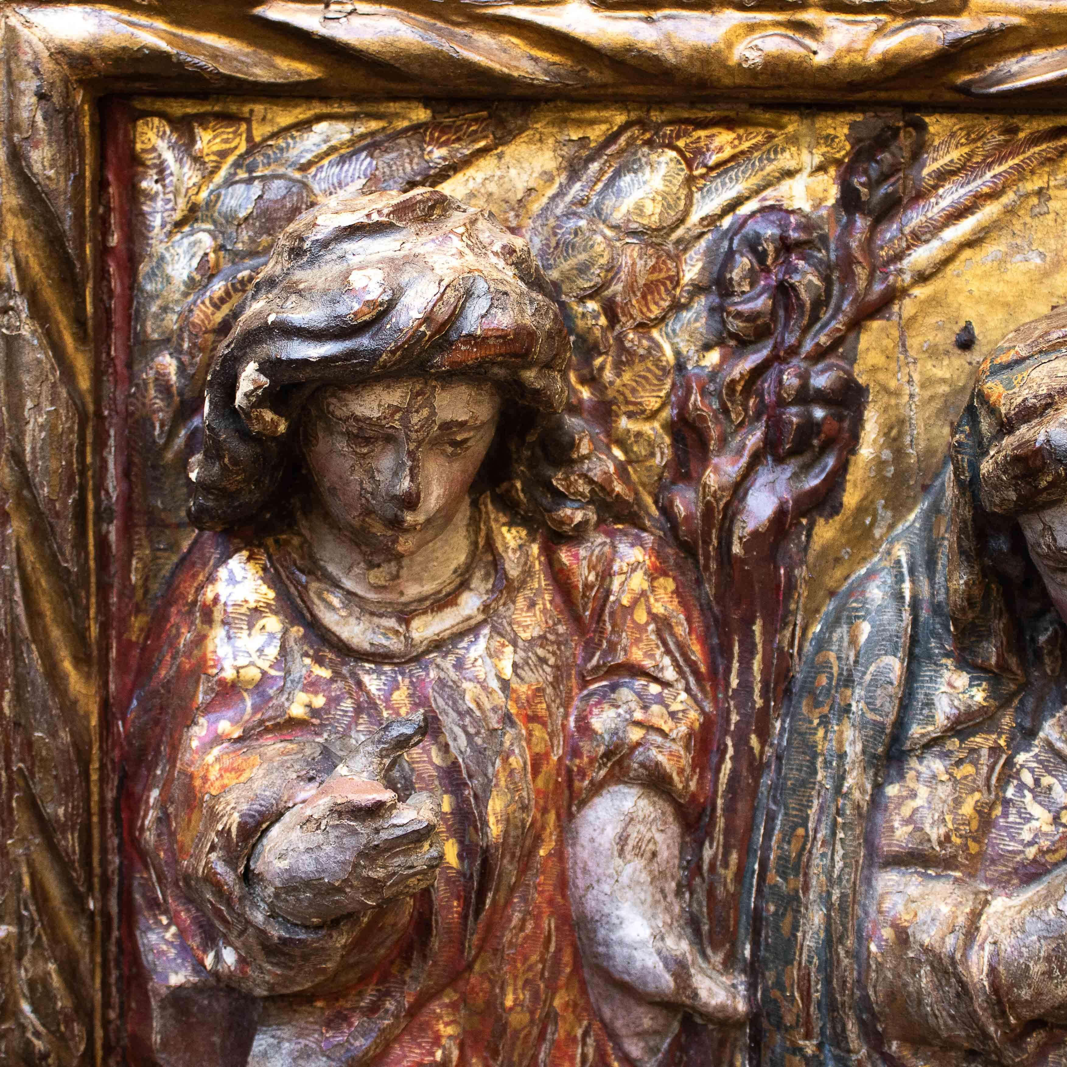 Carved 16th Century Annunciation High Relief in Wood