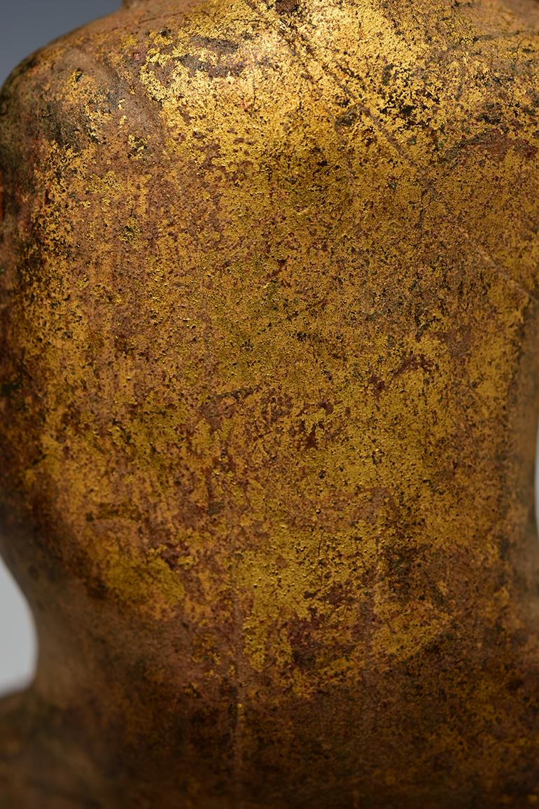 16th Century Antique Burmese Bronze Buddha with Gilded Gold on Double Lotus Base 4