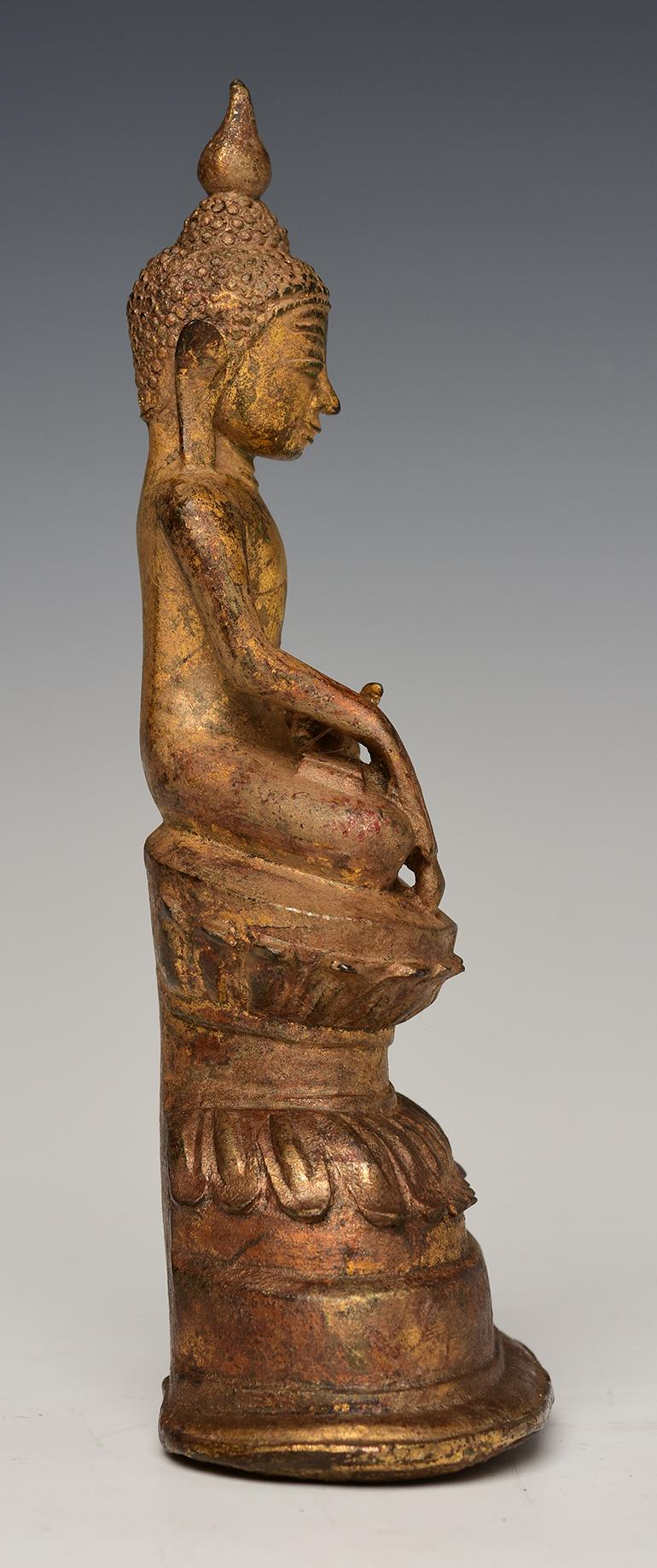 16th Century Antique Burmese Bronze Buddha with Gilded Gold on Double Lotus Base 5