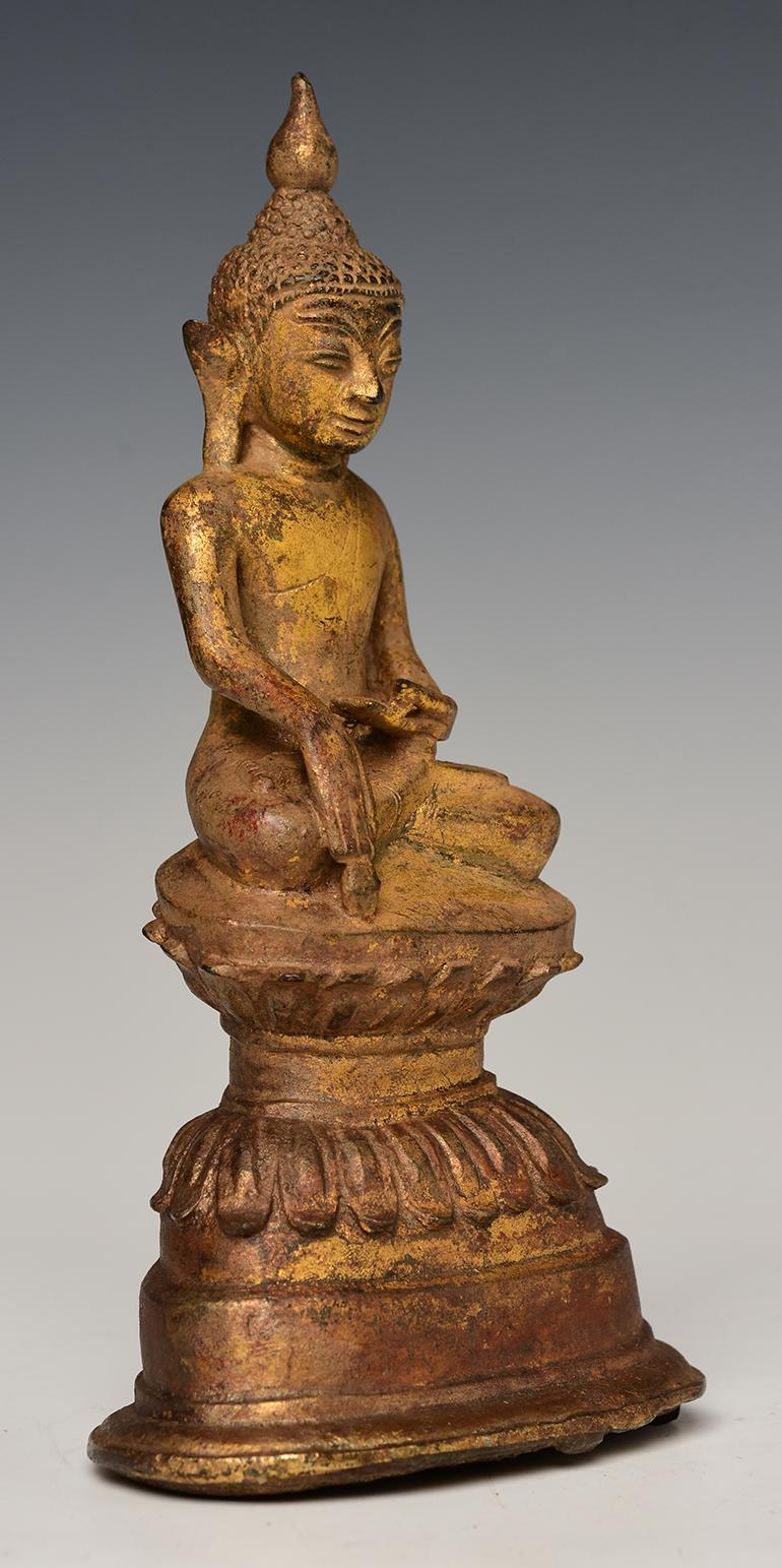 16th Century Antique Burmese Bronze Buddha with Gilded Gold on Double Lotus Base 6