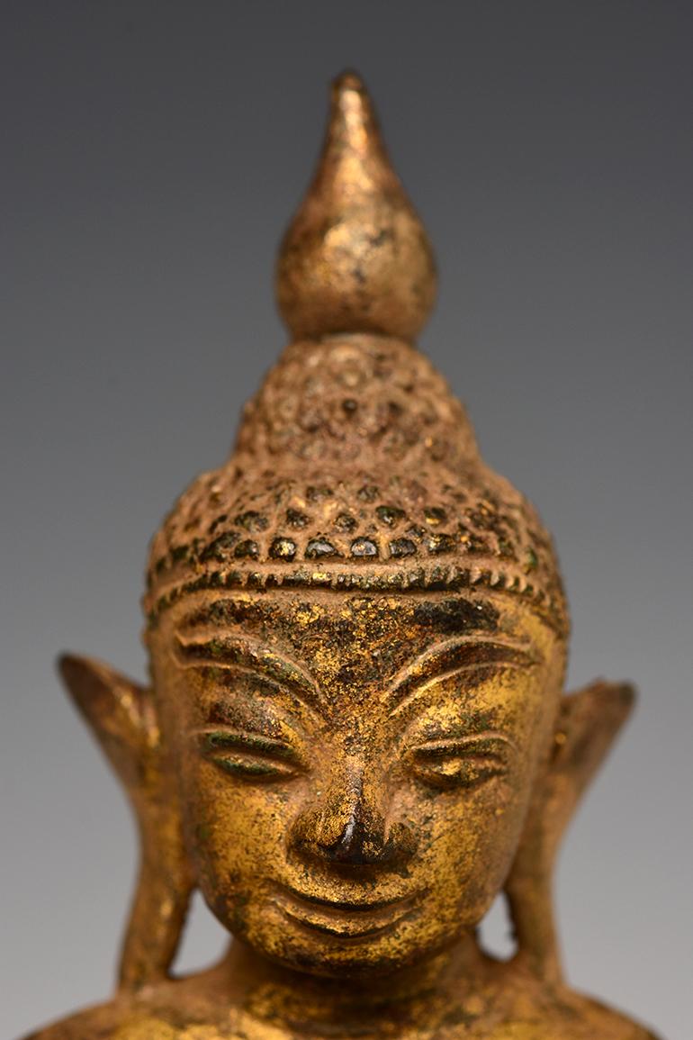 Gilt 16th Century Antique Burmese Bronze Buddha with Gilded Gold on Double Lotus Base